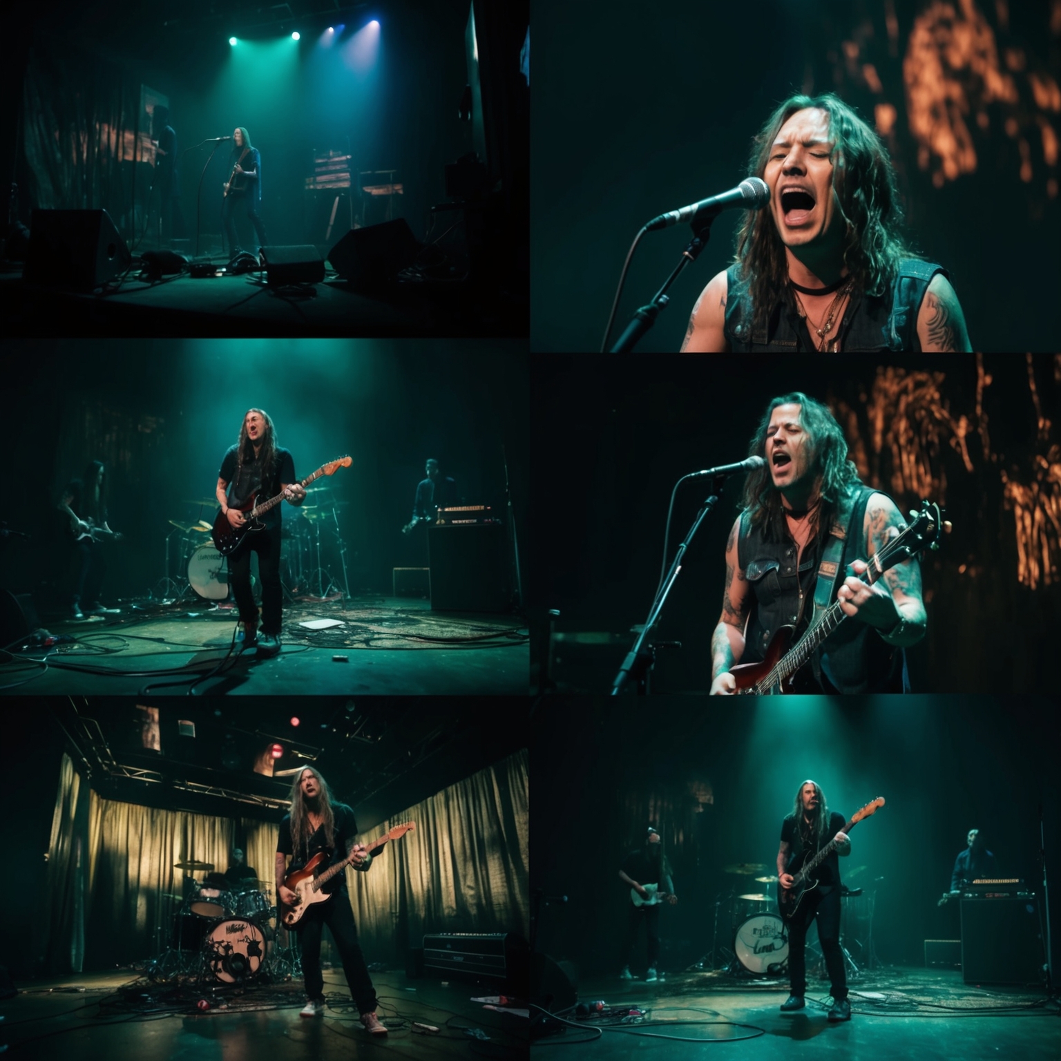 A dimly lit music video set depicts a grunge band with a lead singer passionately delivering lyrics. The setting is shadowy, with surreal, distorted visuals and varying close-ups. The ambiance exudes a moody, 90s grunge aesthetic with chaotic and dark imagery, enhancing the intense, emotional vibe typical to Alice in Chains. The visual theme should capture the fusion of music and art, reflecting the rawness and artistic flair symbolic of the era.