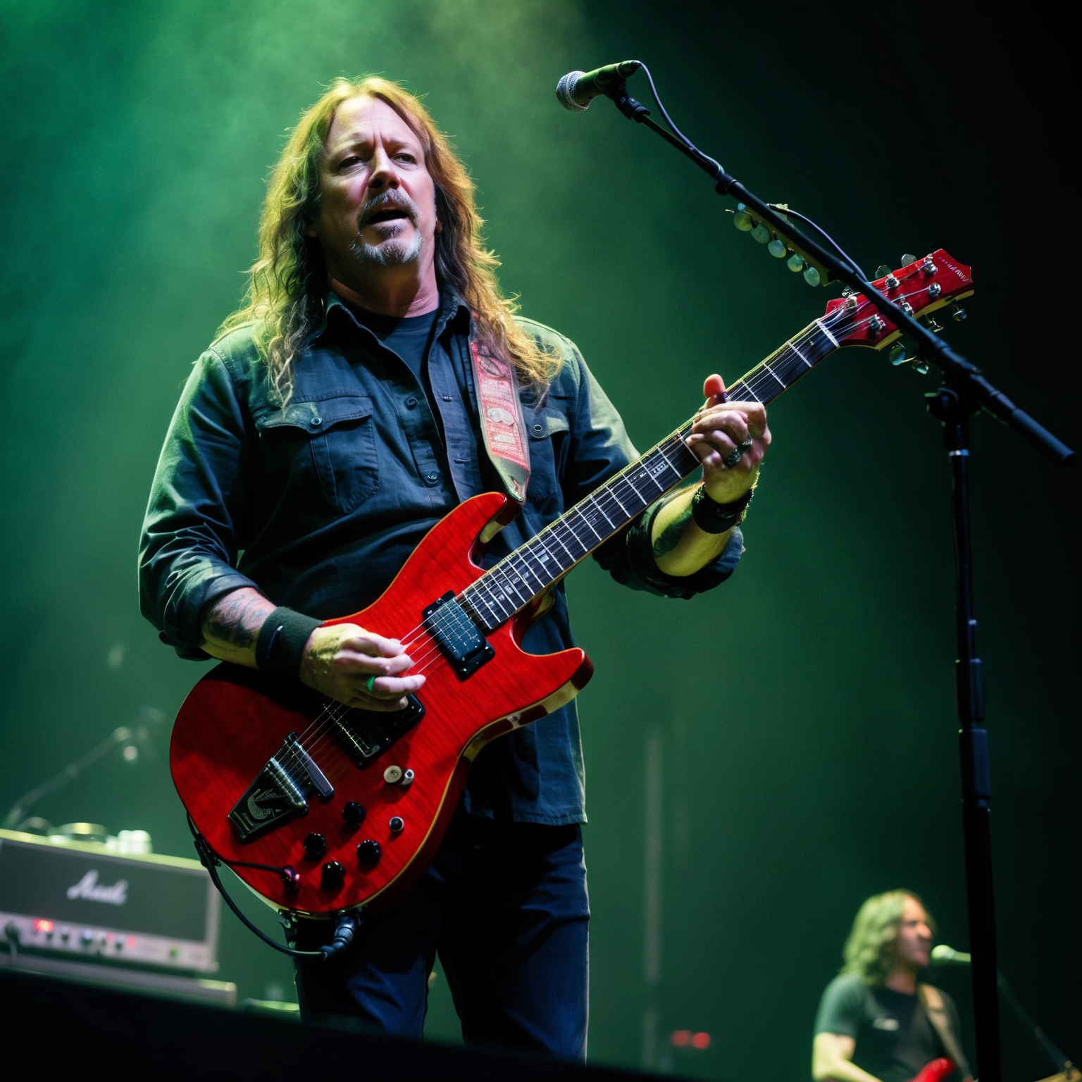 Create an image of Jerry Cantrell, a prominent rock guitarist known for his unique blend of grunge and metal elements, playing a guitar in a dimly lit stage setting. The scene should convey a sense of introspection and emotional depth, reflecting the complex and personal nature of the song 