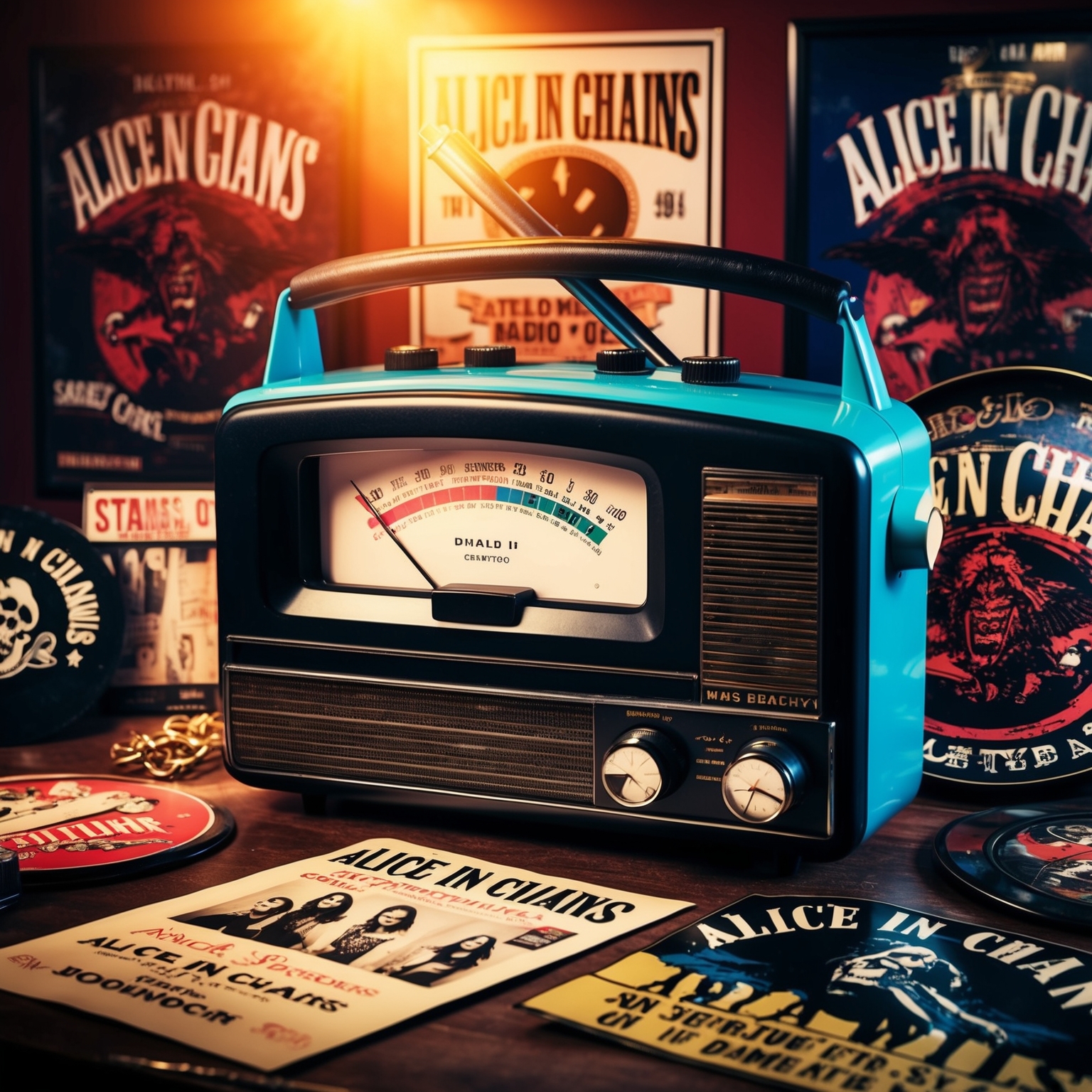 A vintage radio with a spotlight on the dial, tuned to a popular rock station from the early 90s, surrounded by memorabilia from Alice in Chains concerts, posters, and knick-knacks representing the band