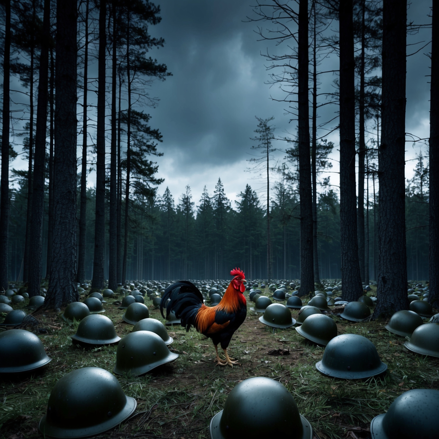 Imagery of a deep, dark forest with scattered military helmets to represent a battleground. Amidst the trees, a rooster stands proudly, symbolizing resilience against an overcast sky. The scene evokes a sense of solitude, endurance, and the relentless spirit of survival in a post-battle setting.