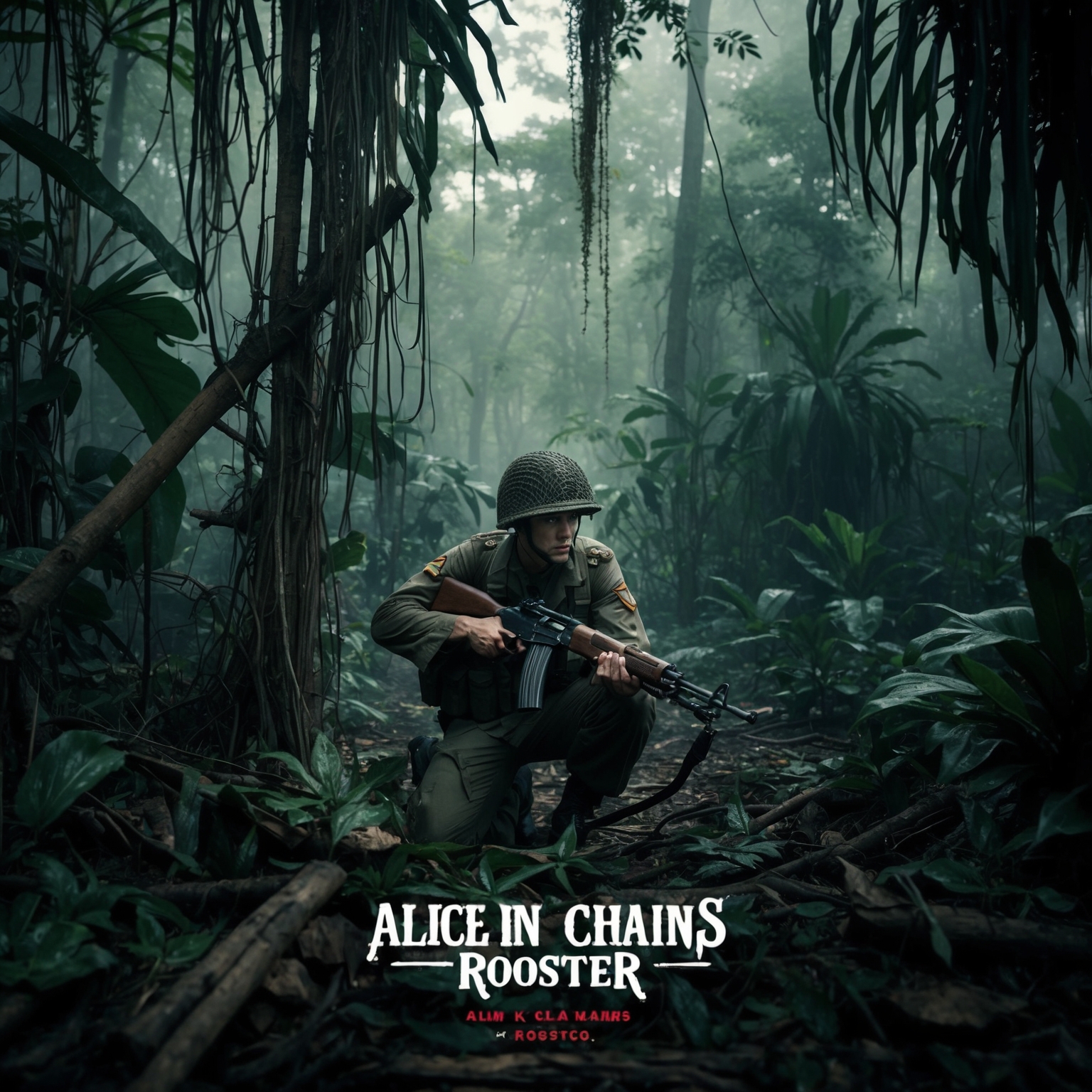 Create a dramatic scene depicting a soldier in a dense jungle environment, reminiscent of a Vietnam War setting. Incorporate surreal and haunting elements that reflect emotional and physical struggles, capturing both the intensity and vulnerability of war. The atmosphere should be dark and evocative, mirroring the profound themes of Alice In Chains