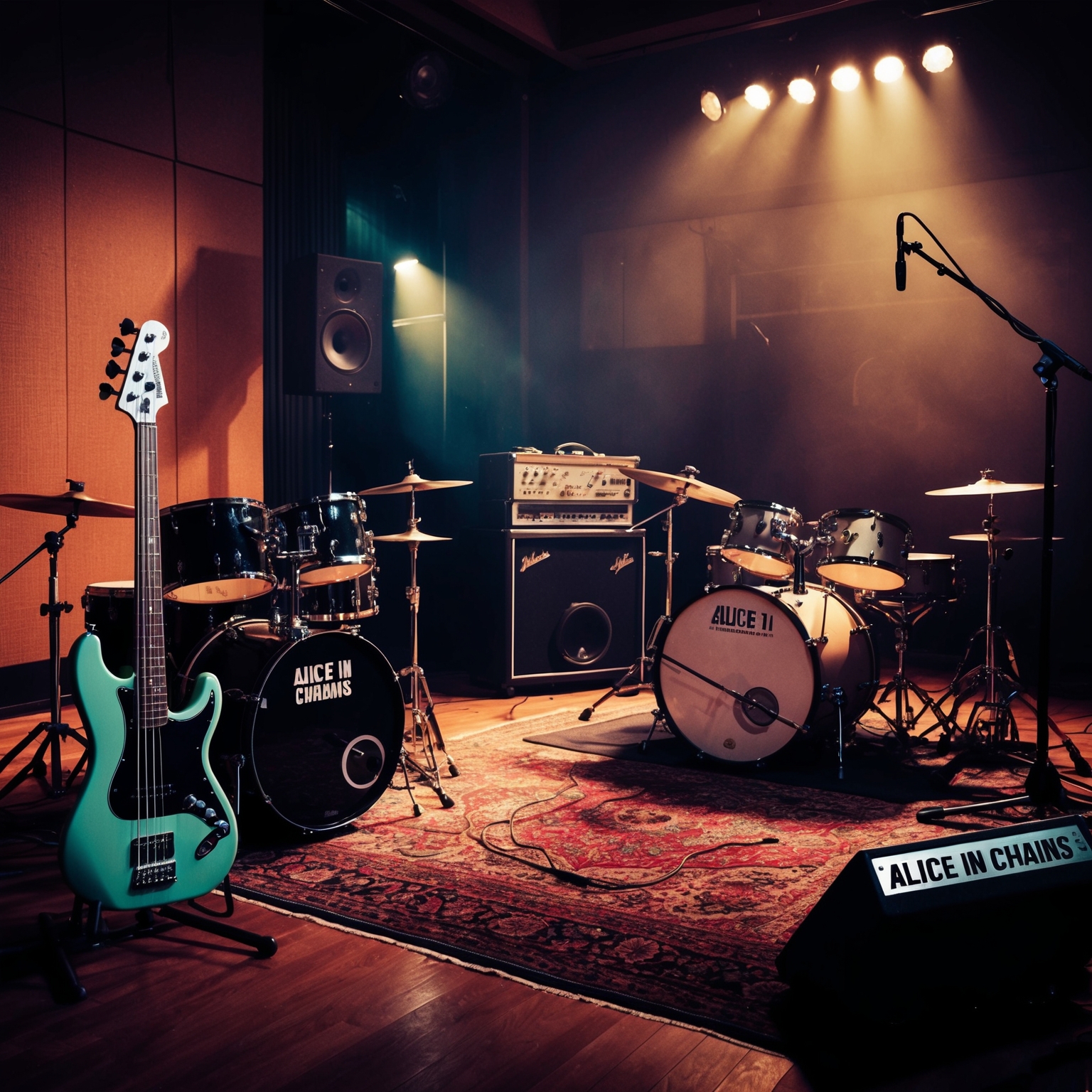 A detailed artistic representation of a recording studio capturing the essence of early 90s grunge music. Highlight key musical instruments like electric guitars, bass, and drum kits. Include ambient lighting that reflects a focused yet experimental recording session. Convey a mix of raw intensity and haunting atmosphere typical of Alice In Chains