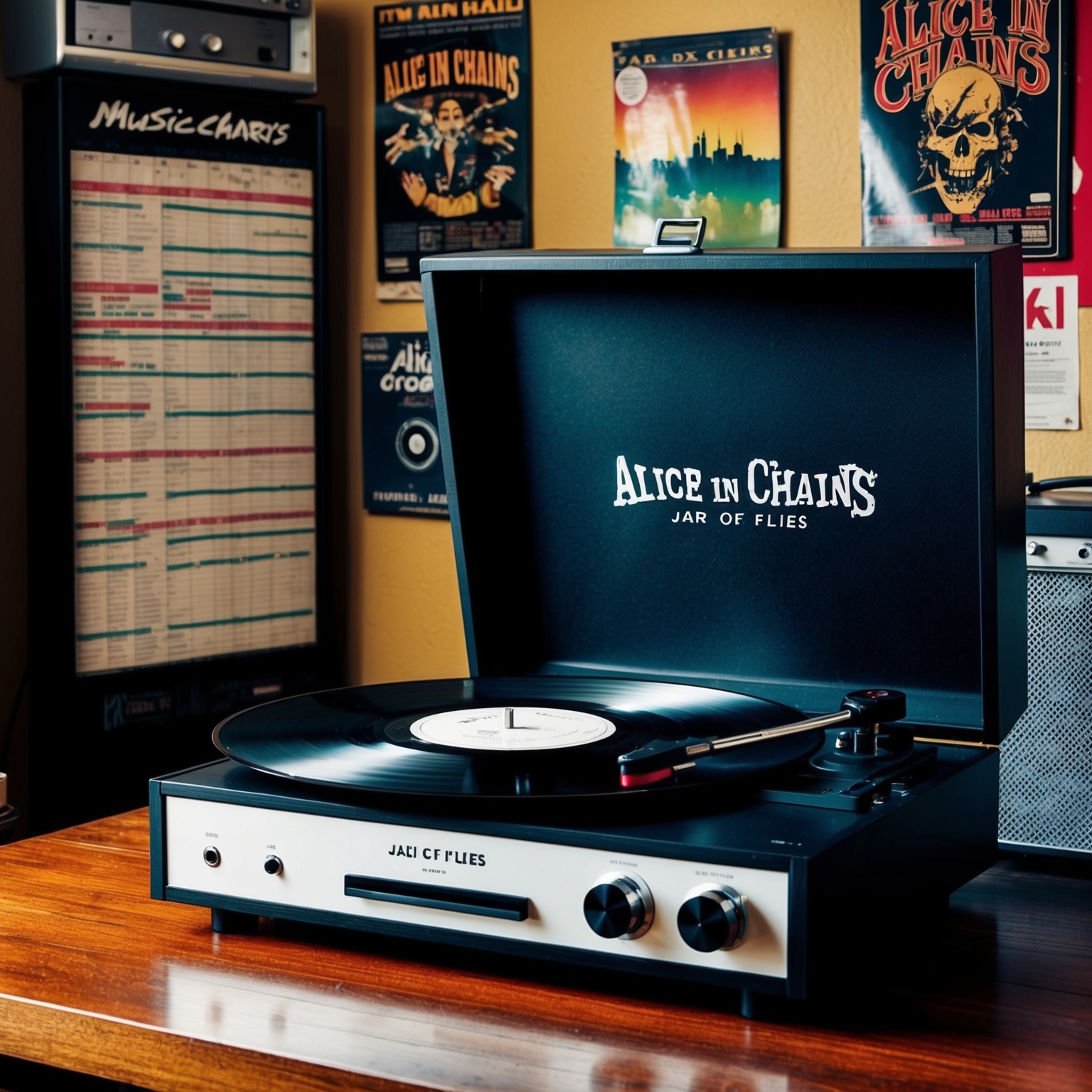 An iconic representation of the grunge era featuring a record player with Alice in Chains