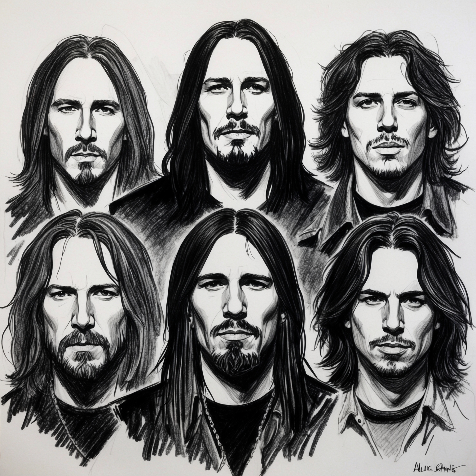 Create a black and white charcoal-style portrait of the band Alice In Chains, focusing on a half-finished, stylistic composition. Capture the members