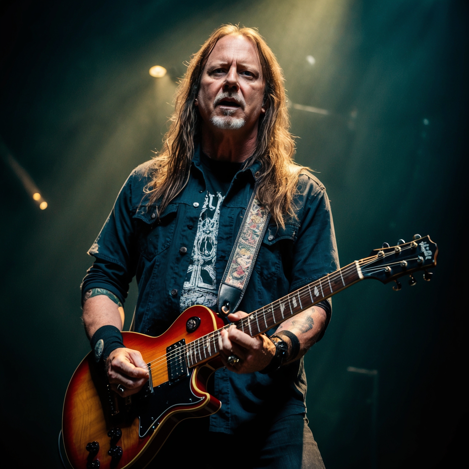 A detailed portrait of Jerry Cantrell with a guitar, exuding a grunge and heavy metal vibe, set against a backdrop reminiscent of a dimly lit stage with moody lighting. The atmosphere should convey intensity and emotion, reflective of the early 90s music scene.