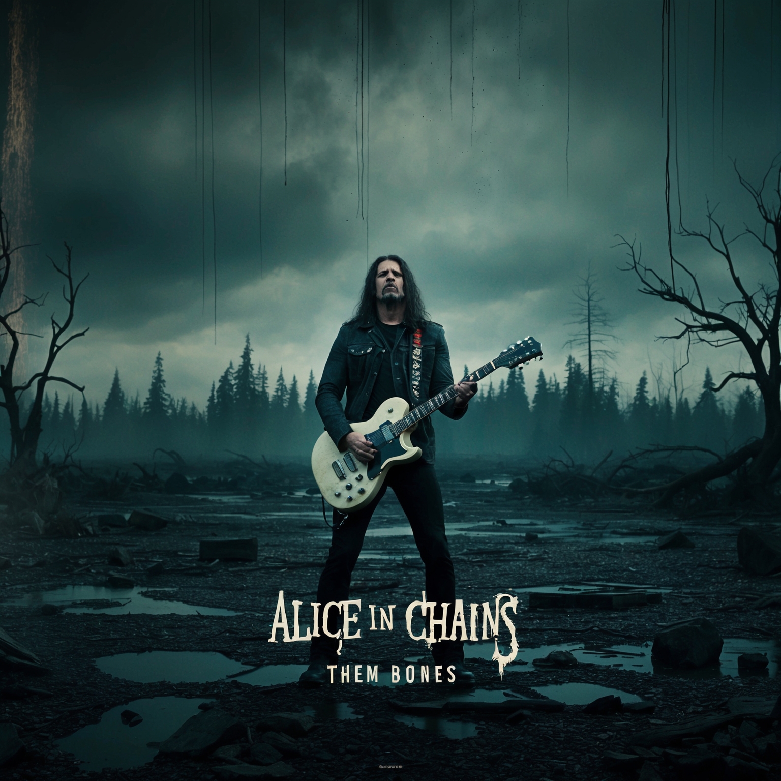 Create a captivating visual of Alice In Chains performing in a dark and eerie landscape, with themes of isolation and existential dread reflected in the backdrop. Incorporate grainy textures, stop-motion animation elements, and a moody color palette to echo the haunting atmosphere of the 