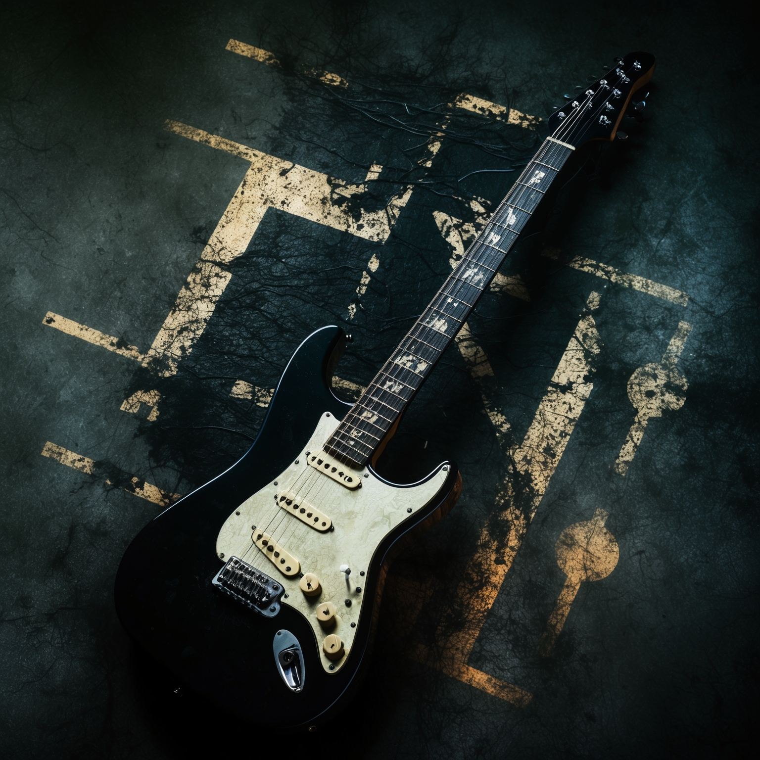 A dark-themed artistic representation showing an electric guitar with heavy distortion, time signatures like 7/8 and 4/4 overlaying a grunge-style background. Capture the chaotic yet compelling nature of 90s rock and Alice In Chains’ distinctive sound. Focus on an edgy, moody palette that reflects the tension and dynamism of the song.