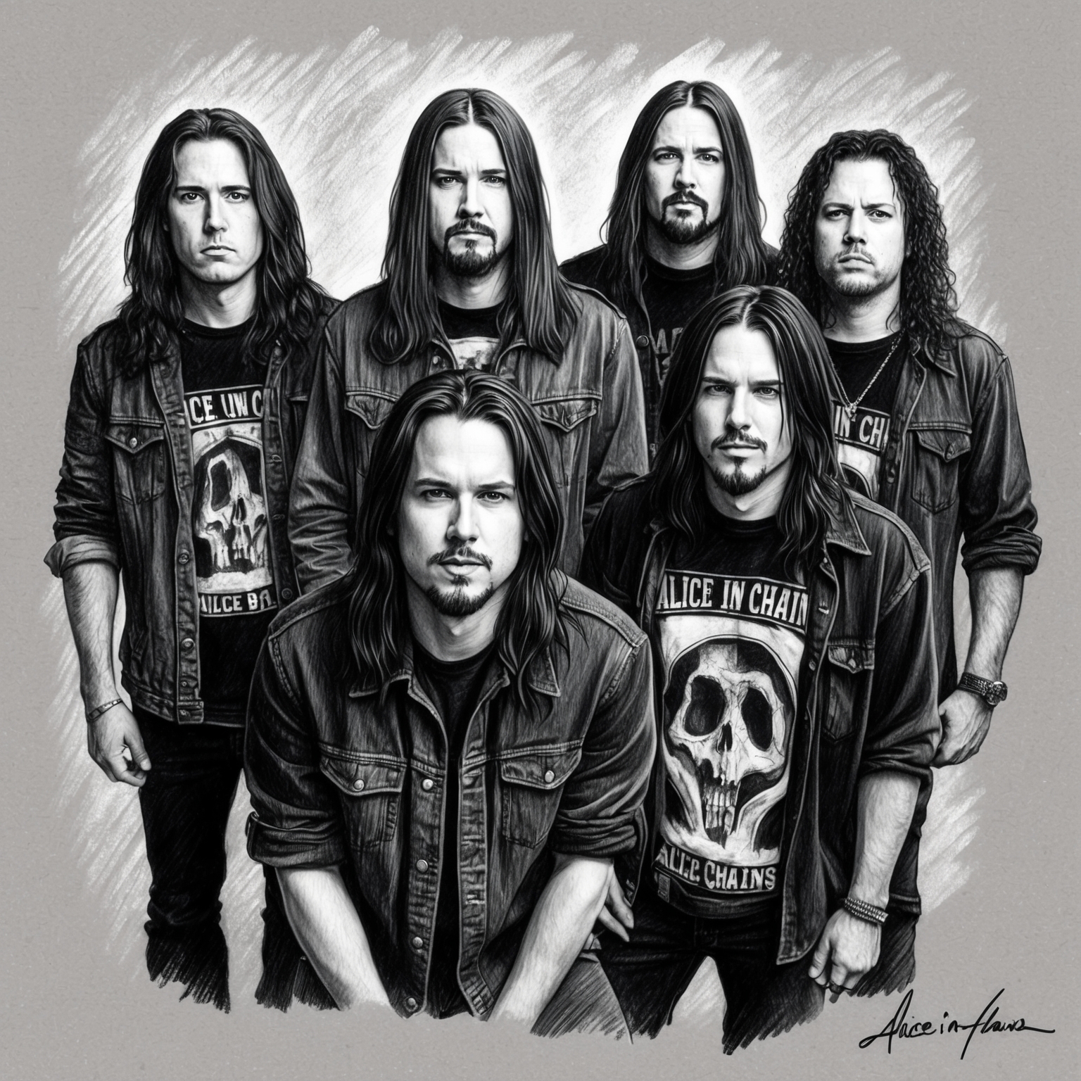 Create a stylistic, black and white charcoal drawing of Alice in Chains, highlighting the band members with a half-finished, artistic feel. Focus on capturing the essence of their grunge era signature style.