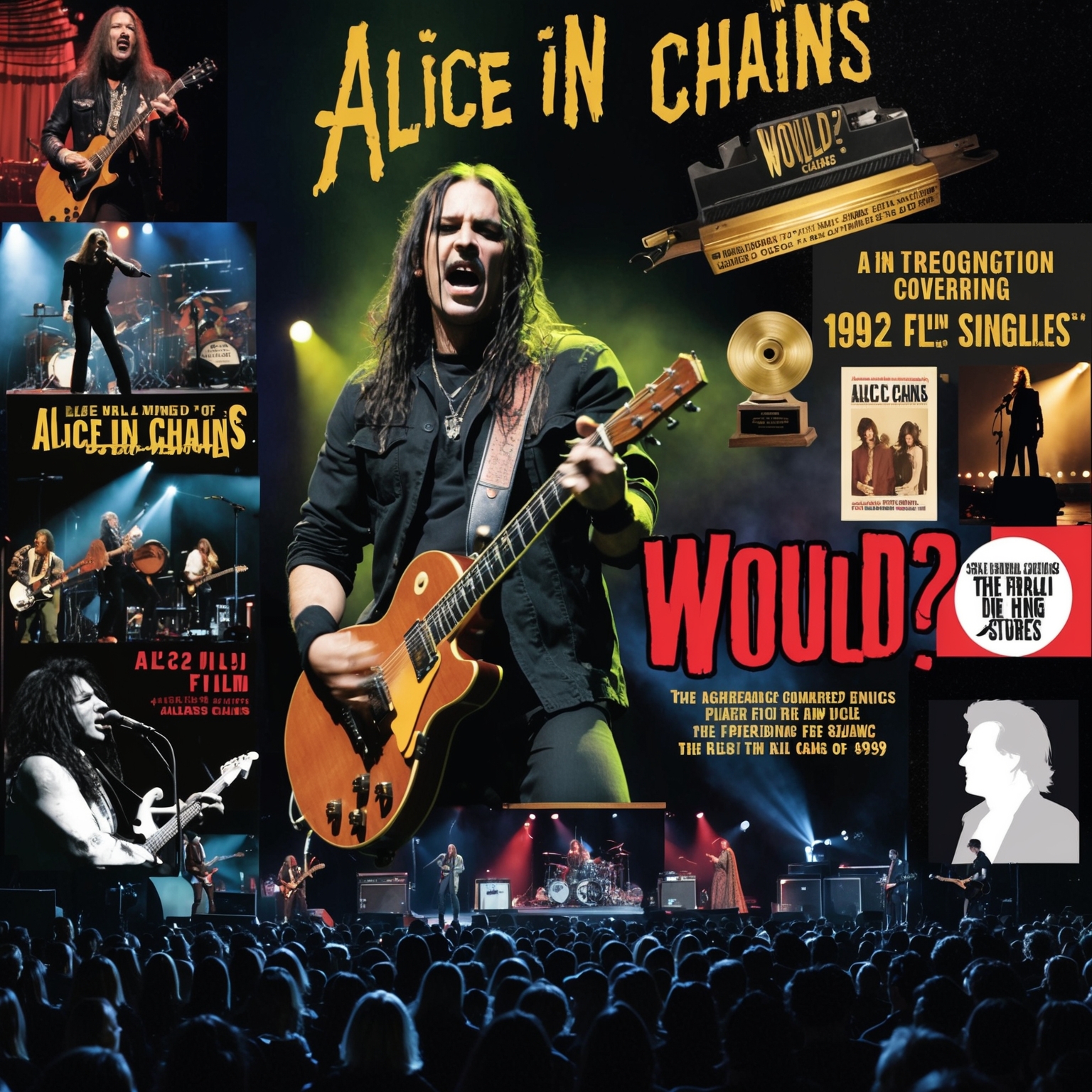 A grunge-themed collage showcasing Alice In Chains performing 