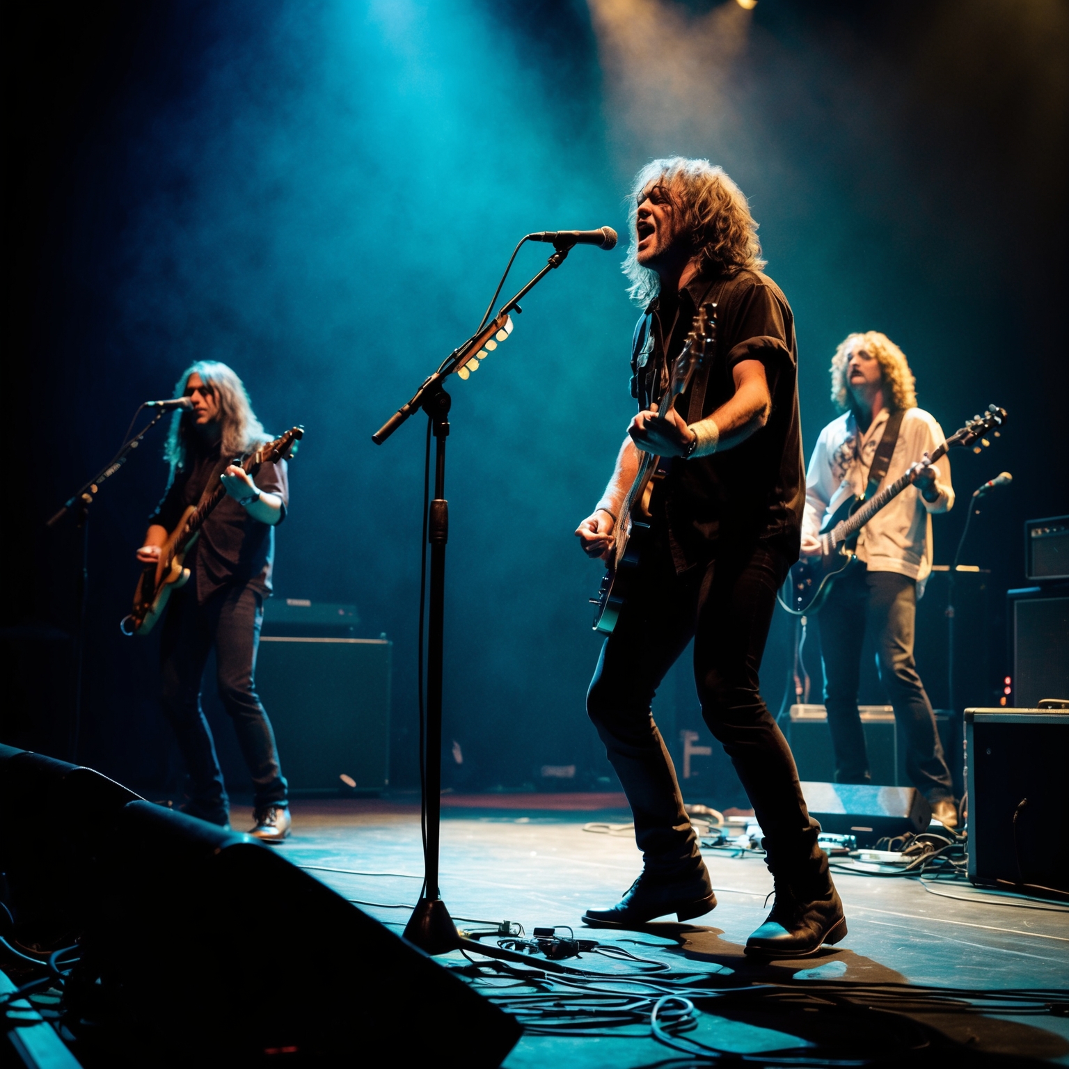 A grunge rock band performing live on a dimly lit stage, capturing an intense and emotional atmosphere with powerful vocals and guitar play, evoking themes of reflection and existential questioning. The scene is reminiscent of early 90s rock performances, with a focus on authentic stage presence and raw musical energy.