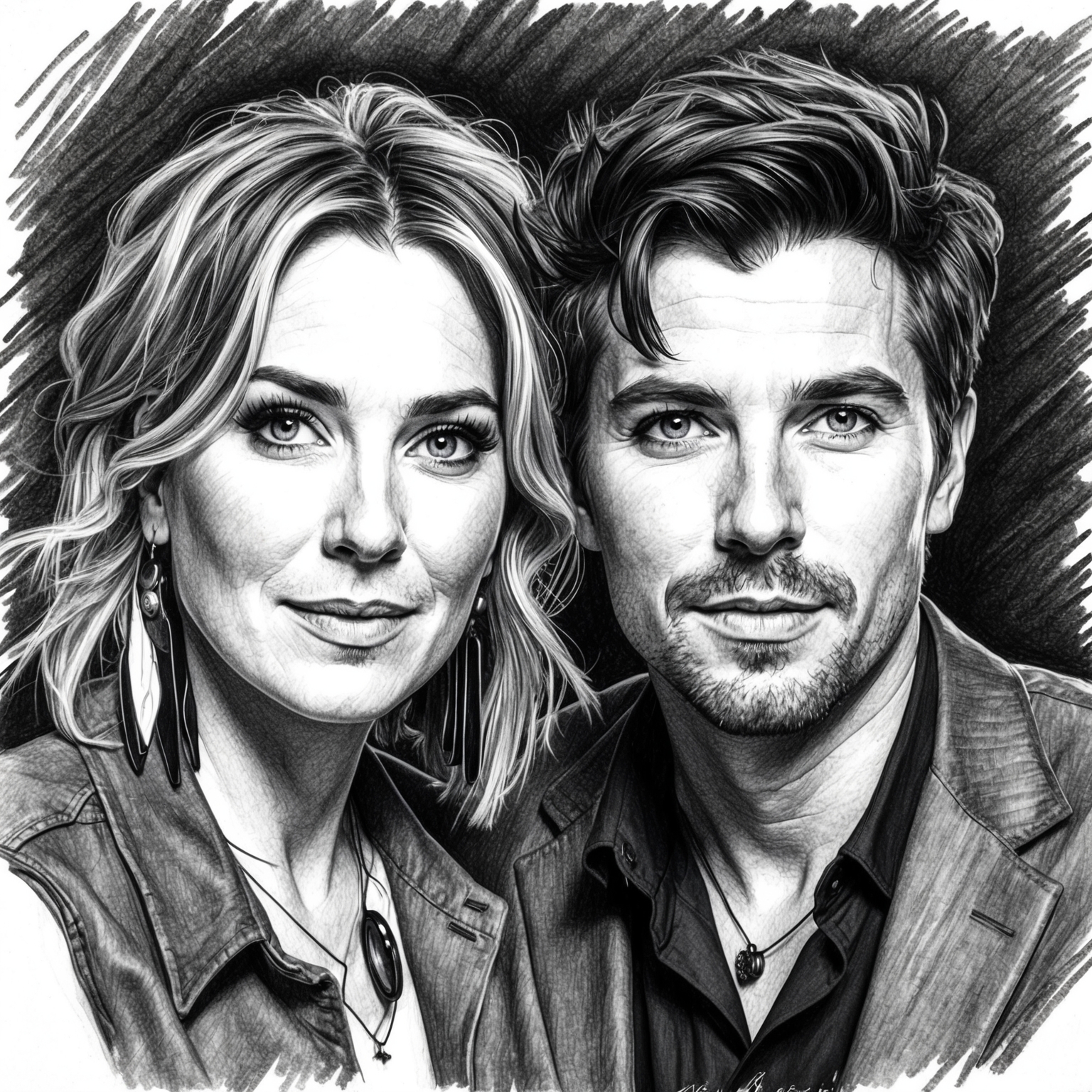 A charcoal, stylistic drawing of Bachelor Girl, the Australian pop duo. Black and white tones, with a half finished feel, focusing on Tania Doko and James Roche in an emotive, artistic portrayal.