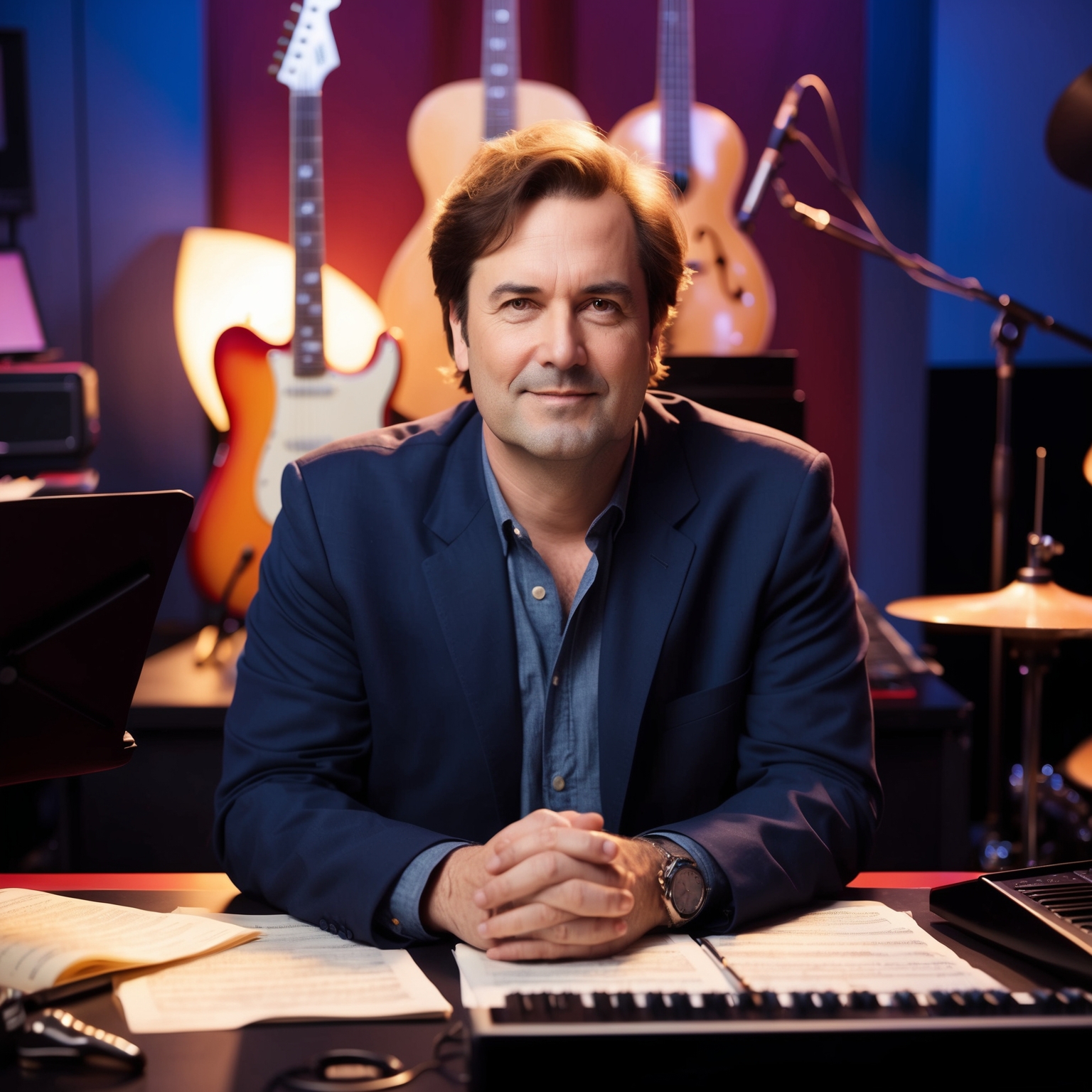 A portrait of a talented composer in a studio setting, surrounded by musical instruments and sheet music, reflecting a blend of pop, rock, and jazz influences. The composer should have a thoughtful expression, indicating a deep connection with the music creation process, with a backdrop that includes elements from the 1990s music scene.