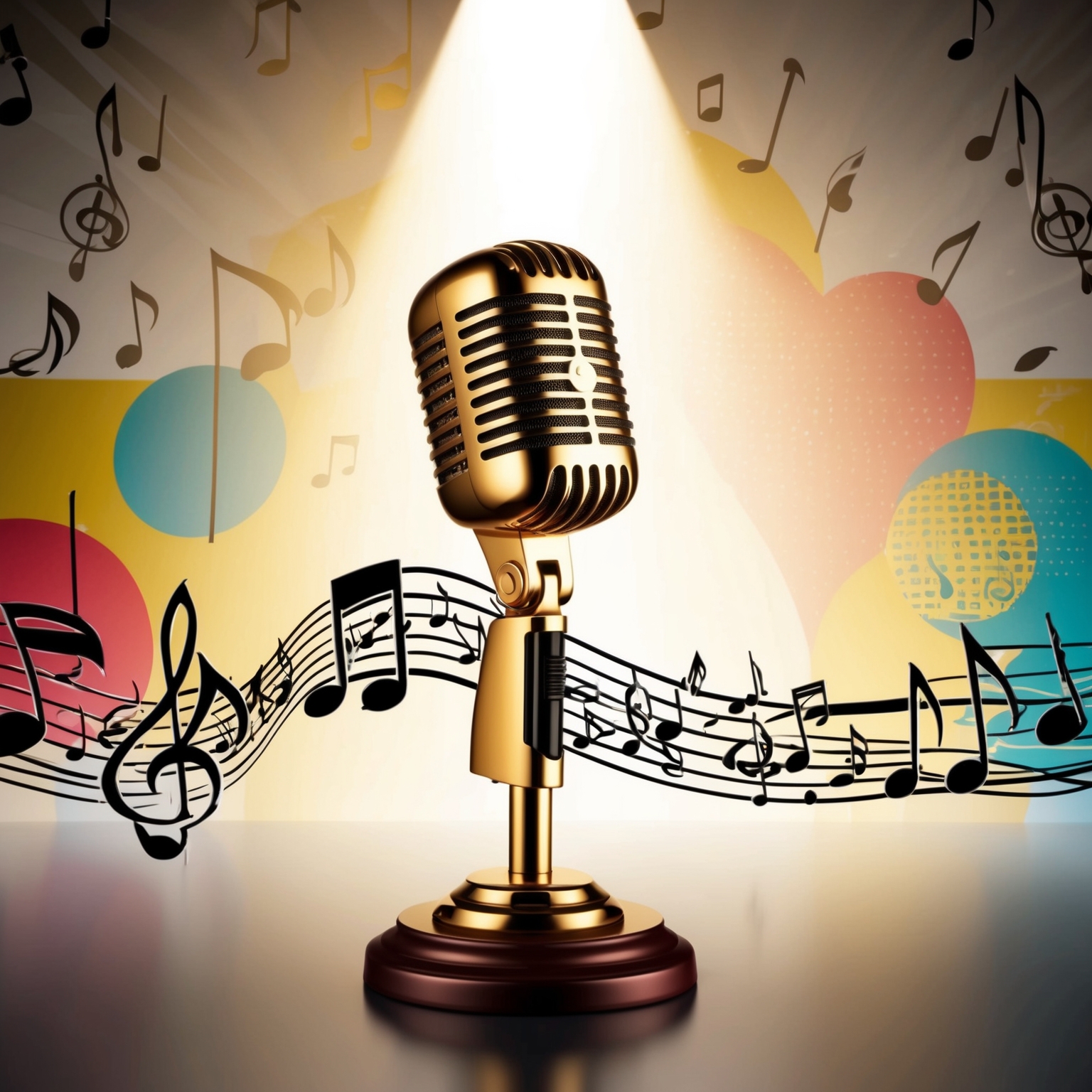 A visual representation of a music award ceremony with a spotlight on a vintage microphone symbolizing recognition and success, set against a backdrop of musical notes and pop art elements. The scene evokes a sense of celebration and appreciation.