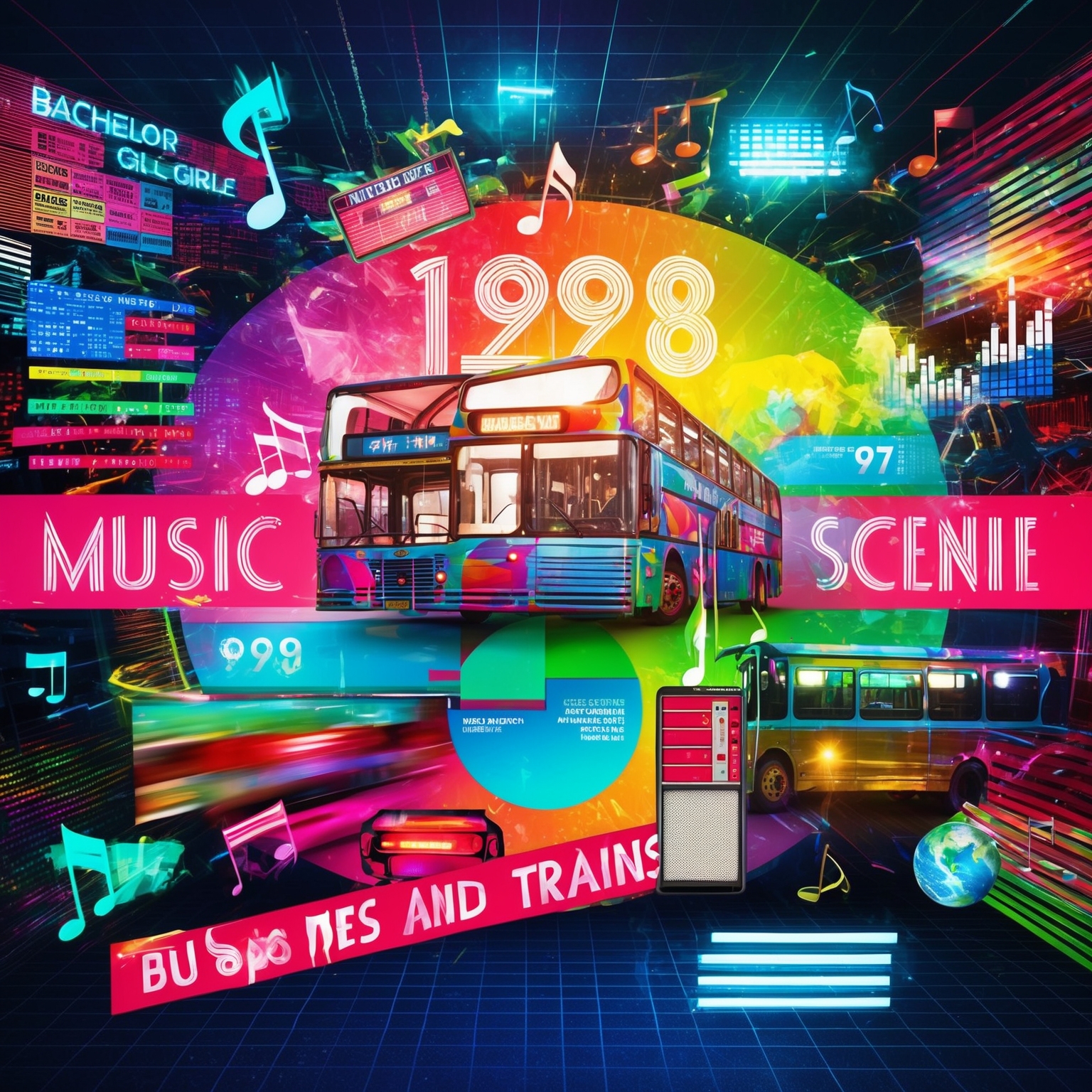 Create an artistic representation of the 1998 music scene with a focus on pop culture and hit music trends. Include elements like music charts, digital music notes, and symbols representing global success. Capture the vibrant and energetic atmosphere of the era, reflecting the youthful essence of Bachelor Girl