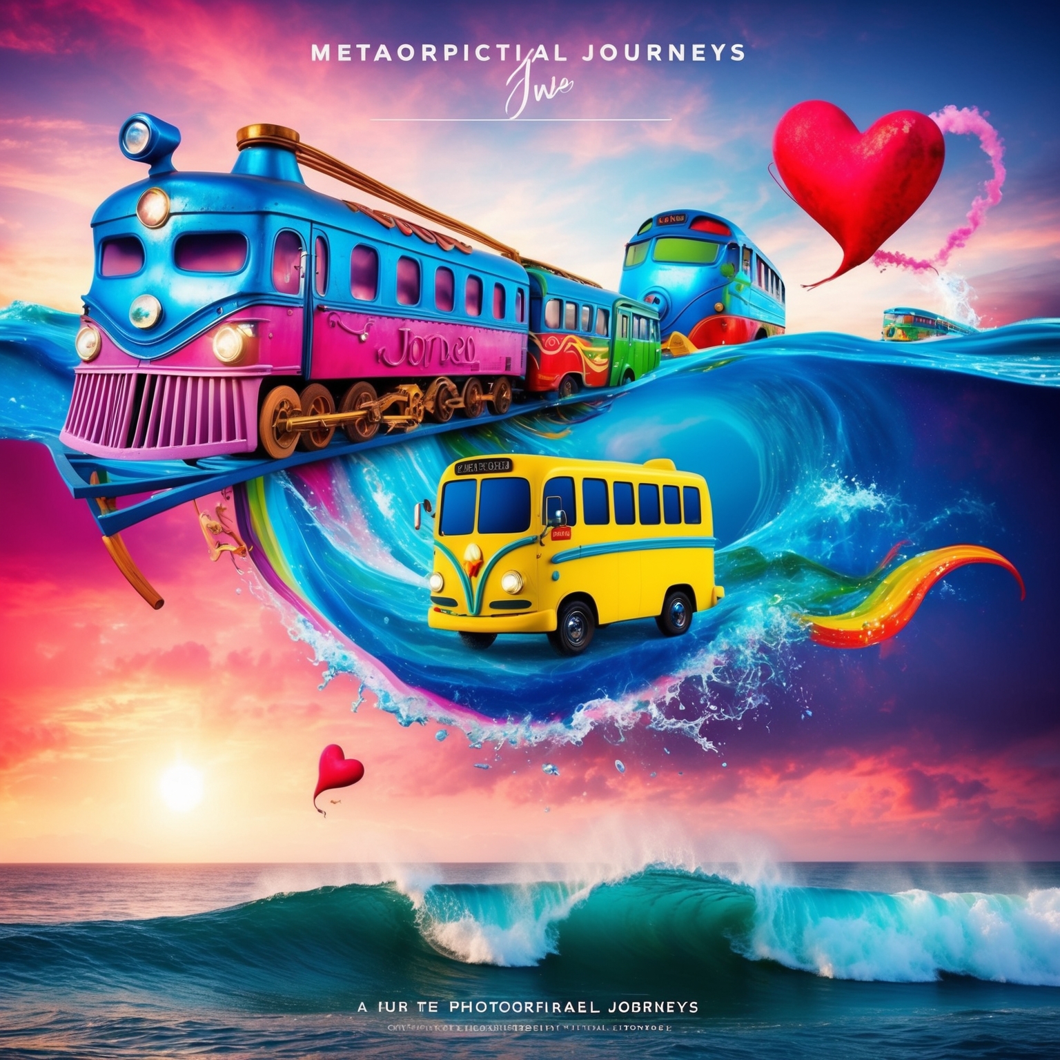 A vibrant image depicting metaphorical journeys, including a whimsical train and bus, symbolizing life