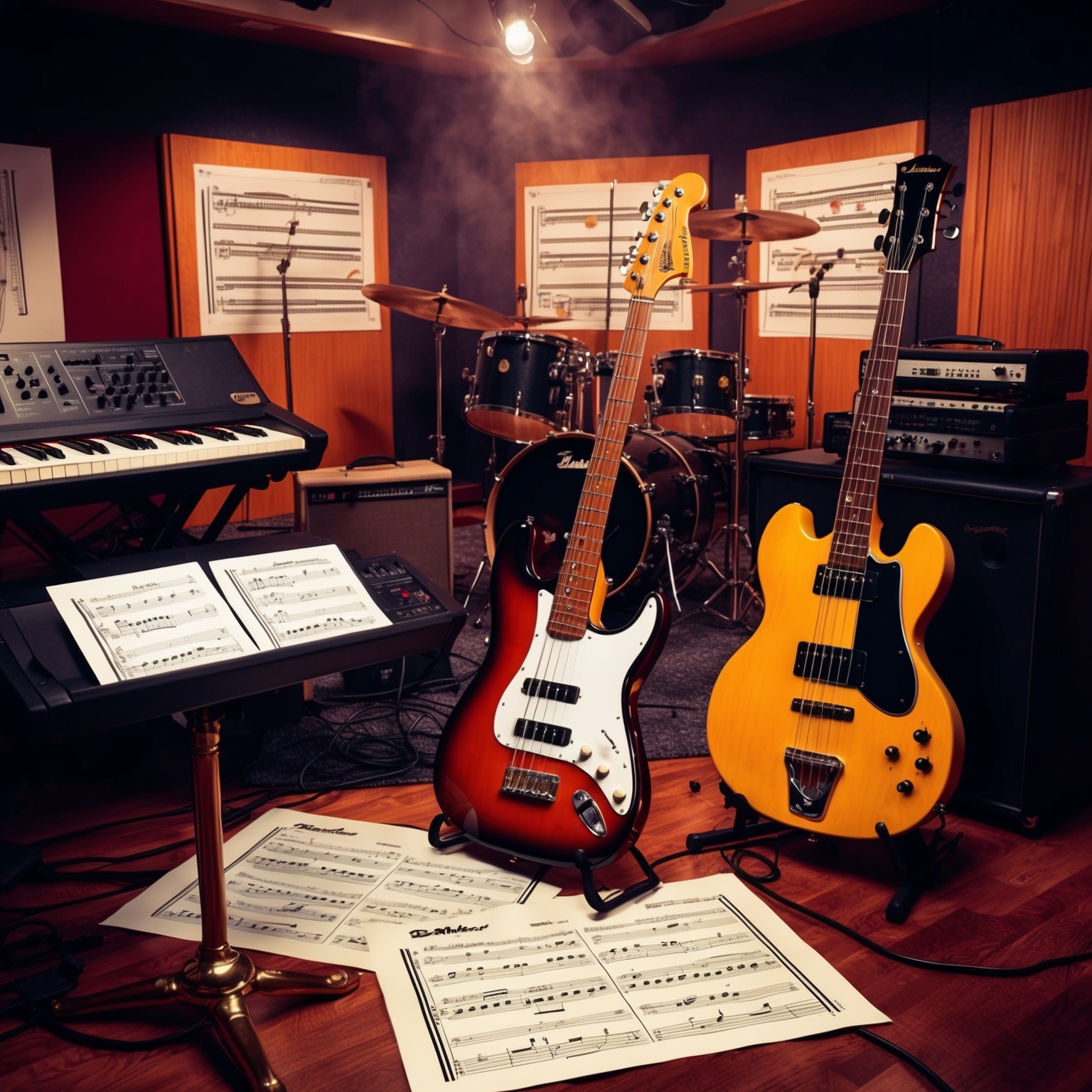 An imaginative artistic depiction of a music recording studio in the late 1990s, featuring classic instruments like electric guitars, bass, and keyboards with sheet music displaying C major chord progressions. The atmosphere should feel vibrant and energetic, reflecting Bachelor Girl