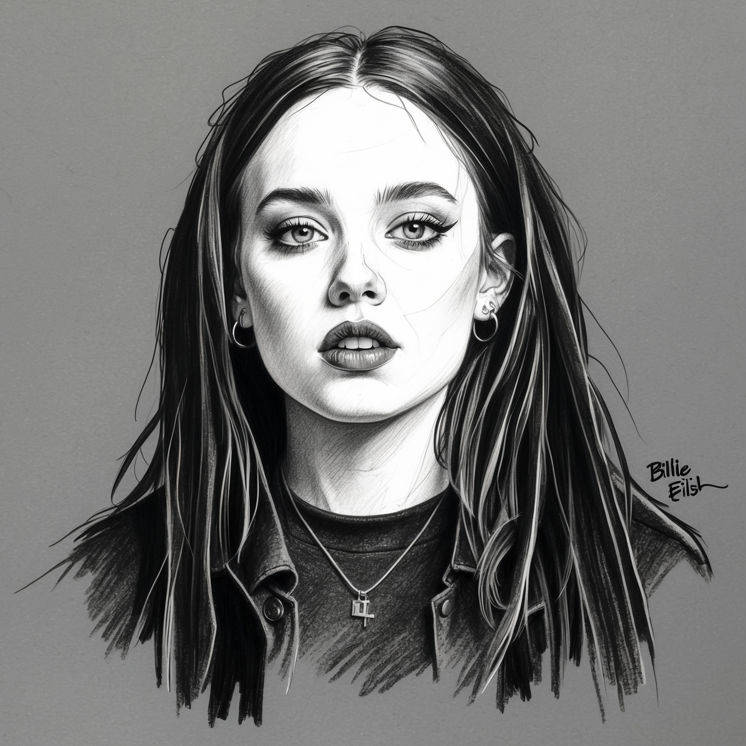 A charcoal, black and white stylistic drawing of Billie Eilish, capturing her enigmatic aura. The portrait should have a half-finished feel, focusing on her expressive eyes and characteristic pose.