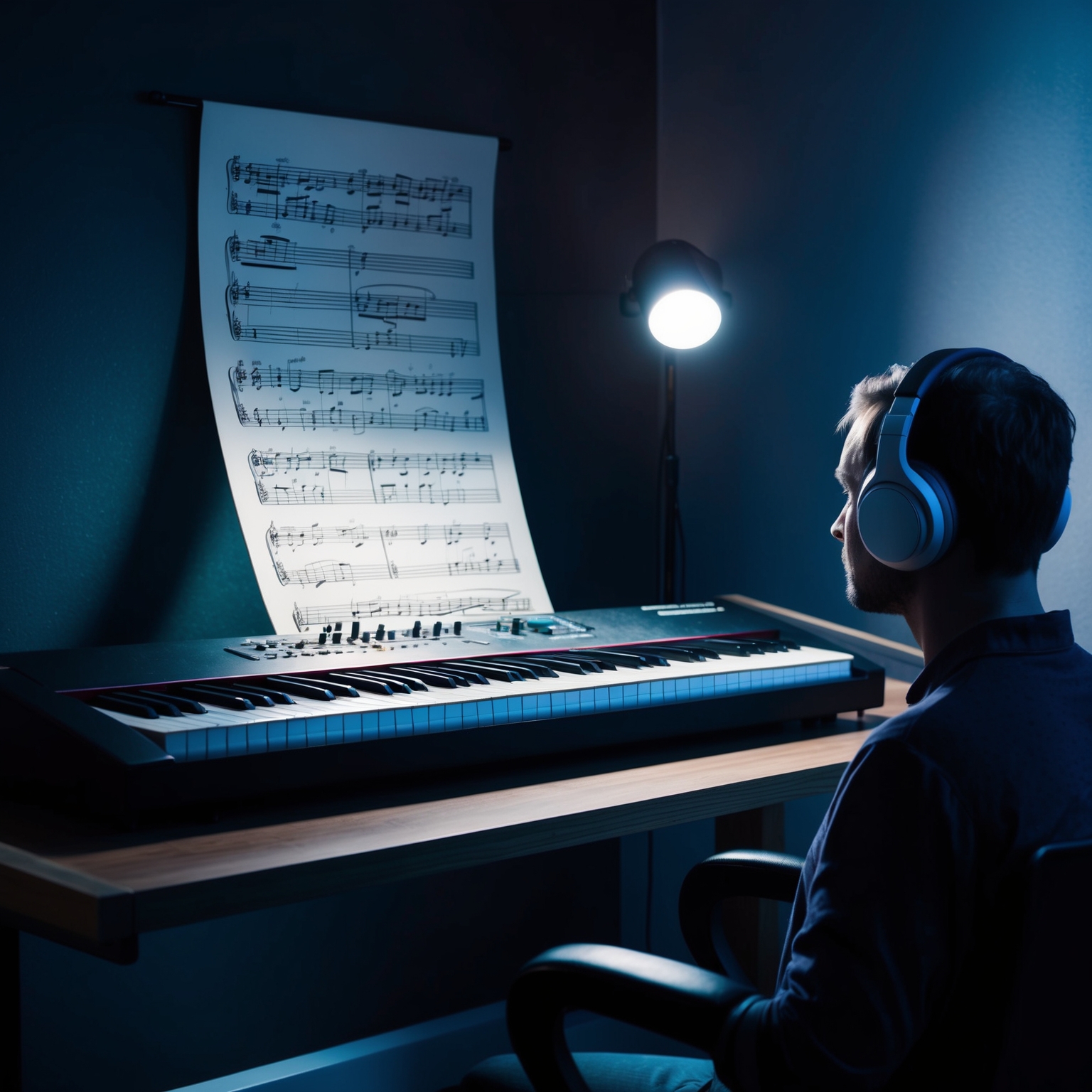 A thoughtful image of a music studio with a keyboard, headphones, and a sheet of music to represent the intimate creative process behind composing a hauntingly beautiful track. The room is dimly lit to convey the mysterious and introspective nature of the song.