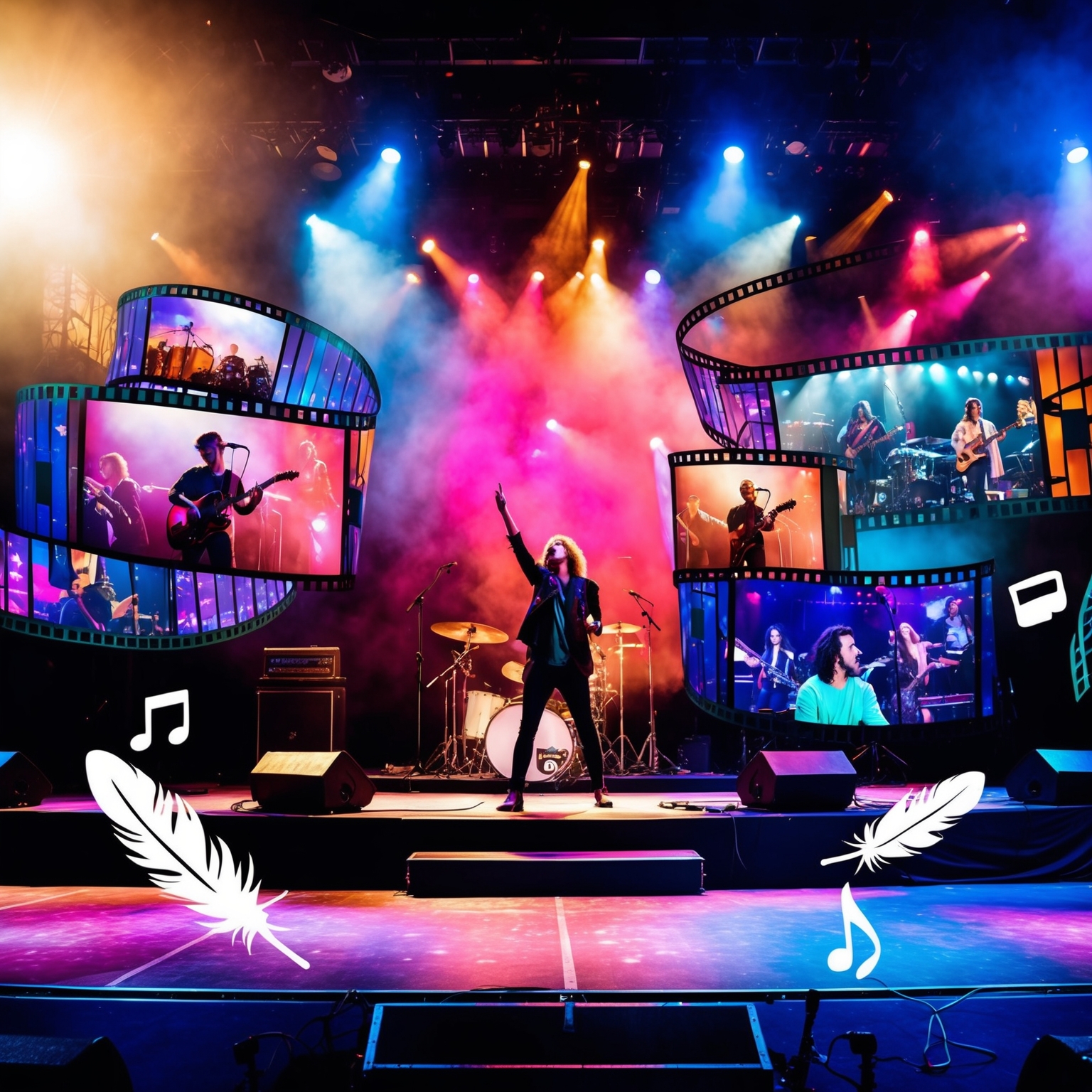 A vibrant concert stage with spotlights highlighting a band performing, mixed with cinematic film reels and TV screens displaying different scenes showing music integration. Featuring elements like musical notes and symbolic icons like feathers, reflecting music and artistic creativity.