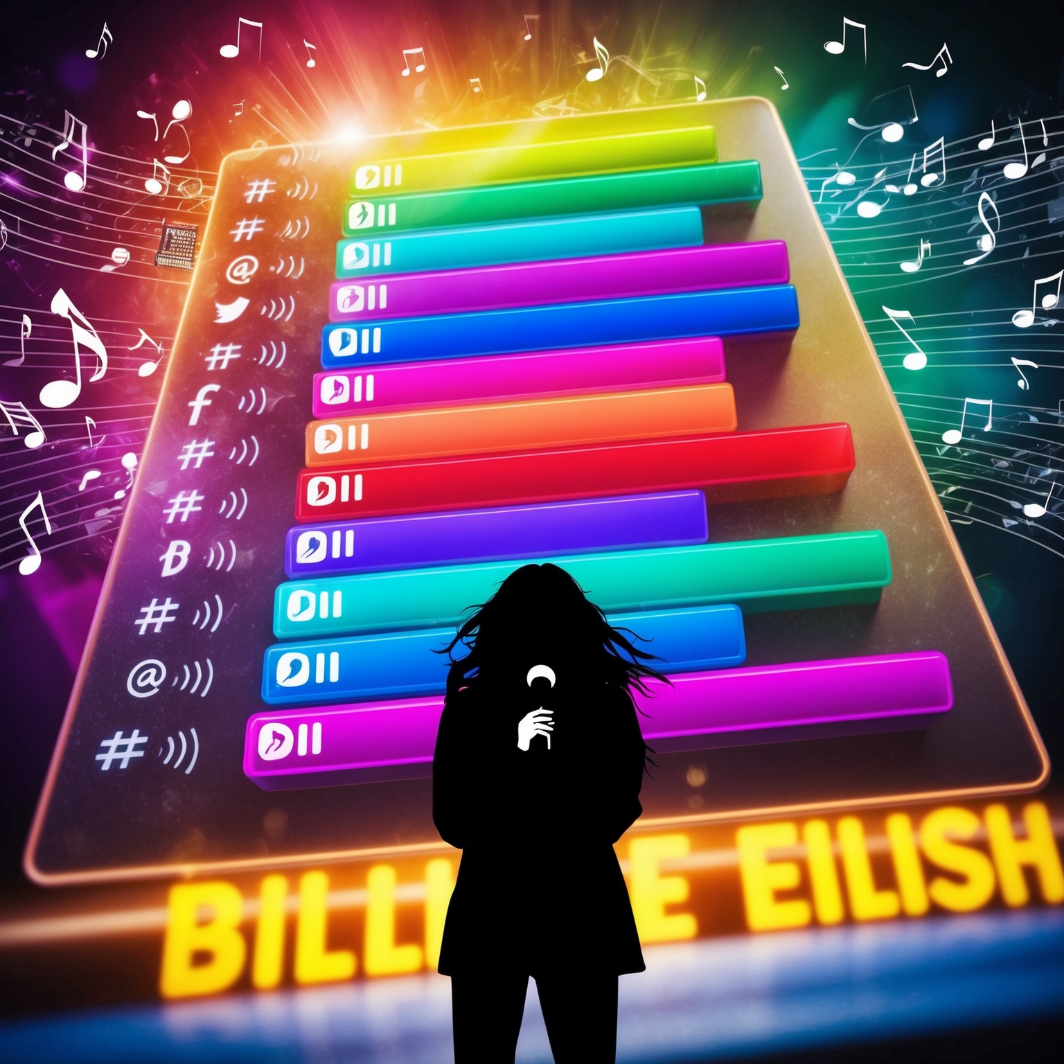 An energetic and vibrant depiction of a music chart with colorful bars representing different positions. In the foreground, an iconic silhouette of a female artist holding a microphone, symbolizing Billie Eilish. The background is filled with musical notes and social media icons, reflecting the song