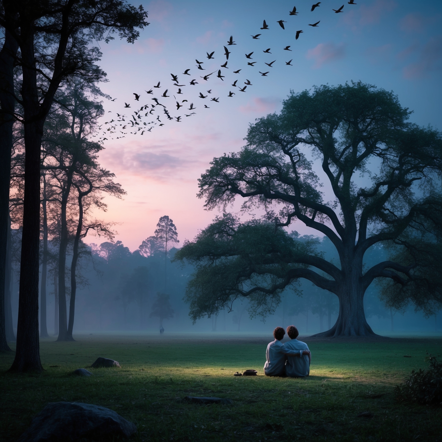 Imagine a tranquil forest scene at twilight, with ethereal lighting casting long shadows. A flock of birds fly in unison across a pastel sky, symbolizing harmony and connection. Nearby, two figures sit back-to-back under a sprawling oak tree, oblivious to the world yet deeply in sync. The atmosphere is serene yet emotionally charged, capturing the essence of unity found in the song "Birds of a Feather." The palette should meld soft blues, purples, and greens, radiating a mystical and contemplative aura.