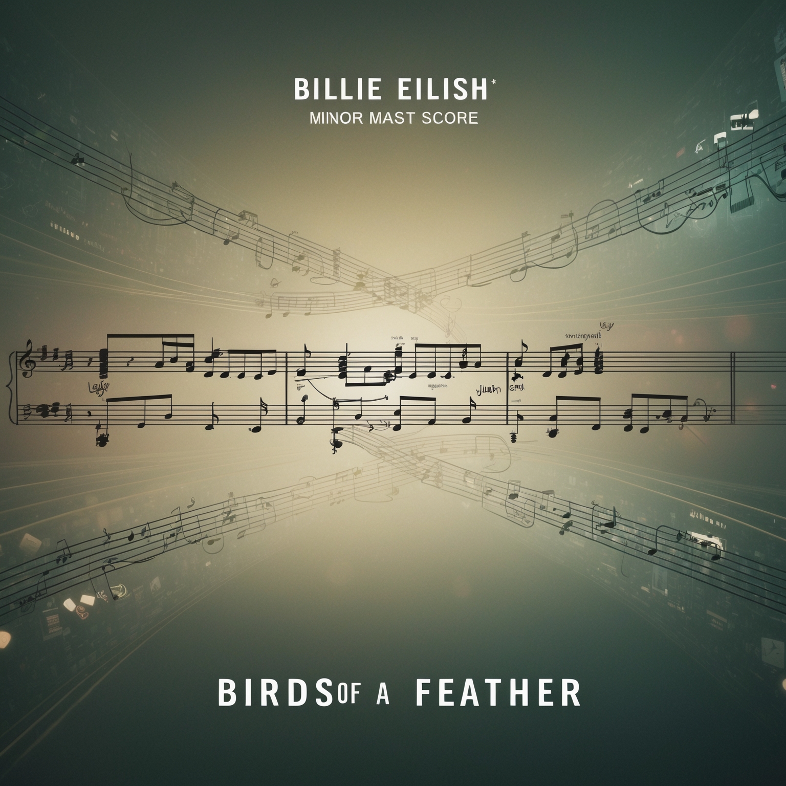 A visual representation of a musical score with intertwined minor chords and ethereal elements, including piano keys and electronic synths. The image should evoke the haunting yet captivating ambiance of Billie Eilish