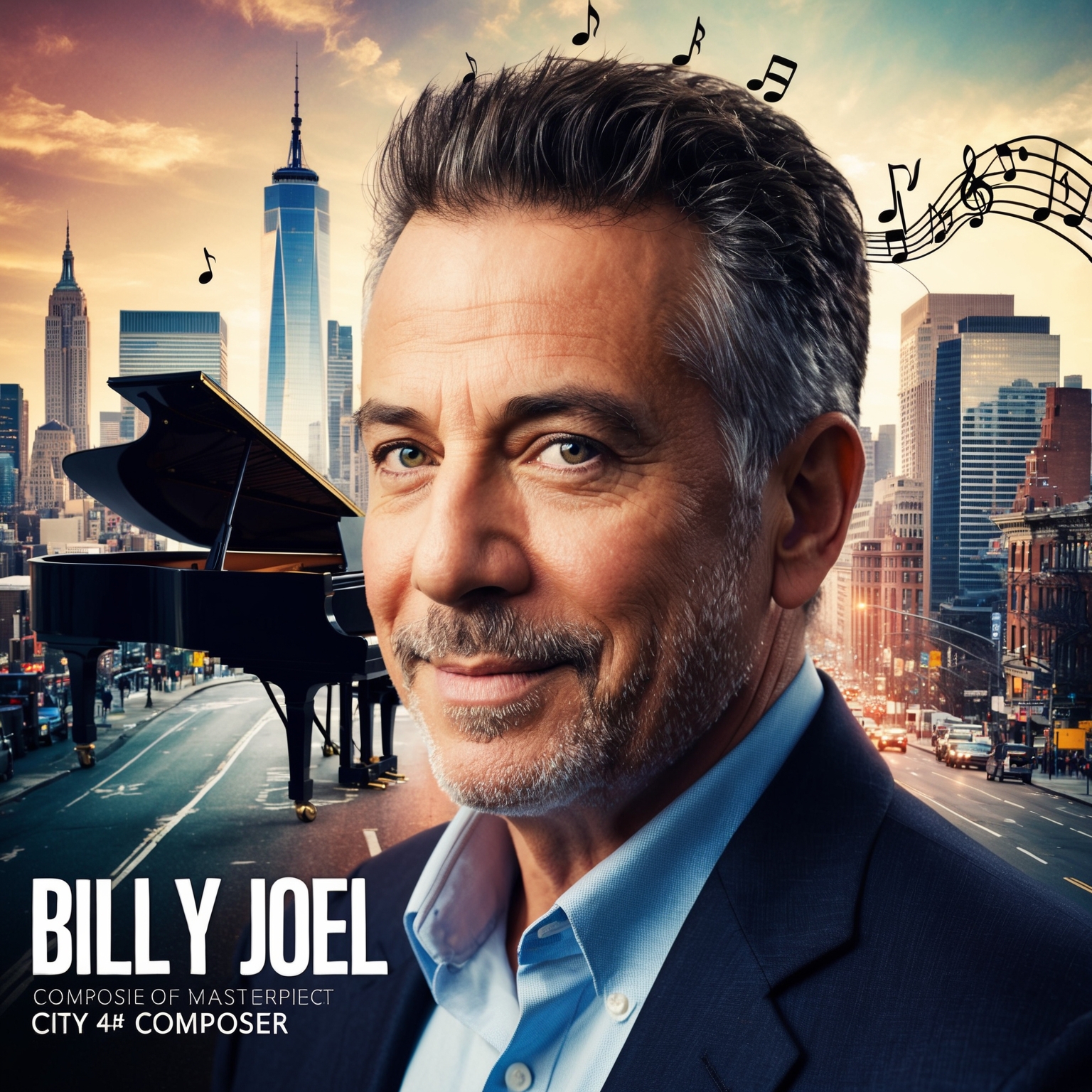 A portrait of Billy Joel, composed in an urban setting reminiscent of New York City, capturing the essence of his career as a composer. Emphasize elements like a piano or musical notes flowing through a cityscape, showcasing his connection to the city