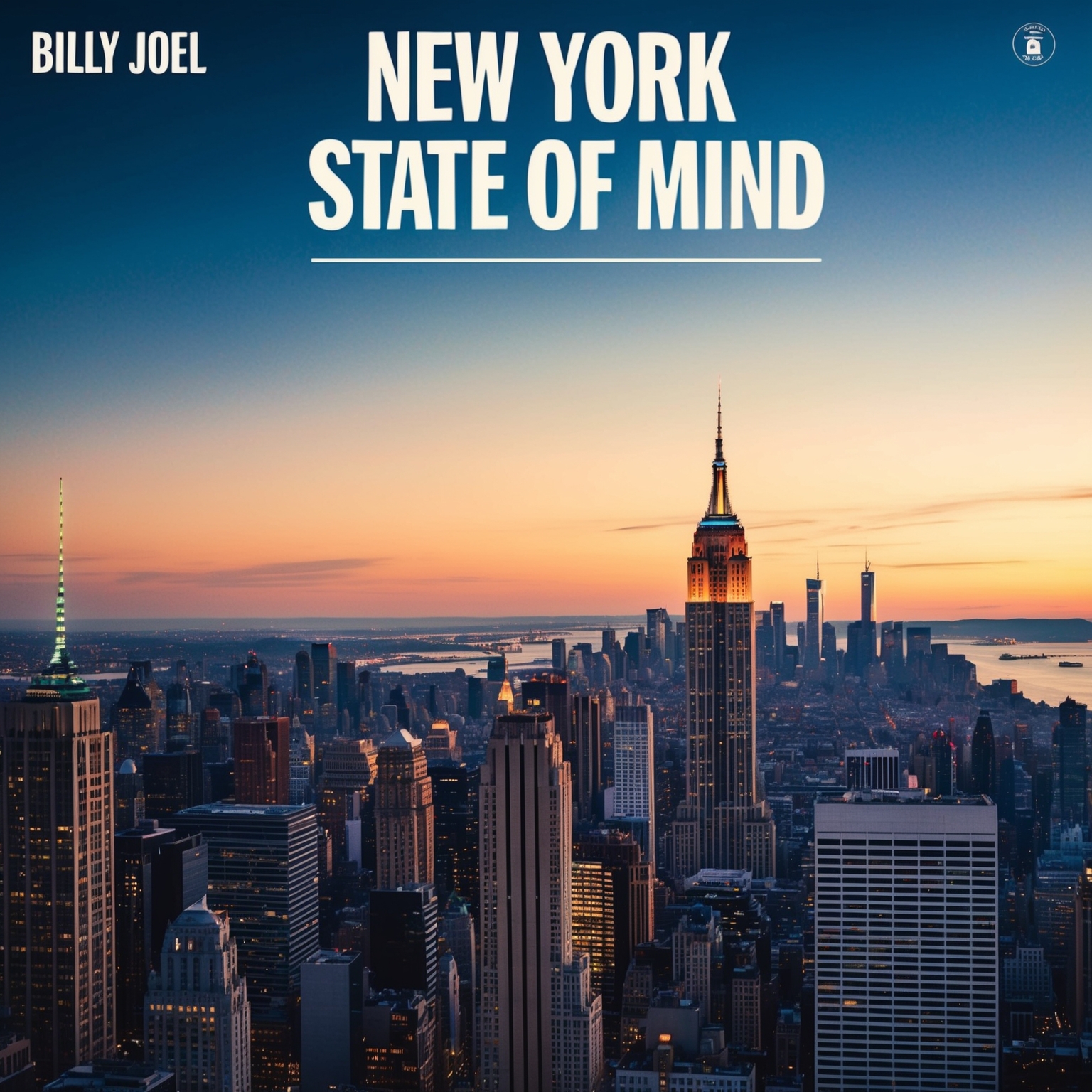 A classic vinyl record cover for "New York State of Mind" by Billy Joel, depicting the New York City skyline at dusk with iconic landmarks like the Statue of Liberty and Empire State Building in the background. The design should have a vintage, soulful aesthetic, capturing the essence of the 1970s.