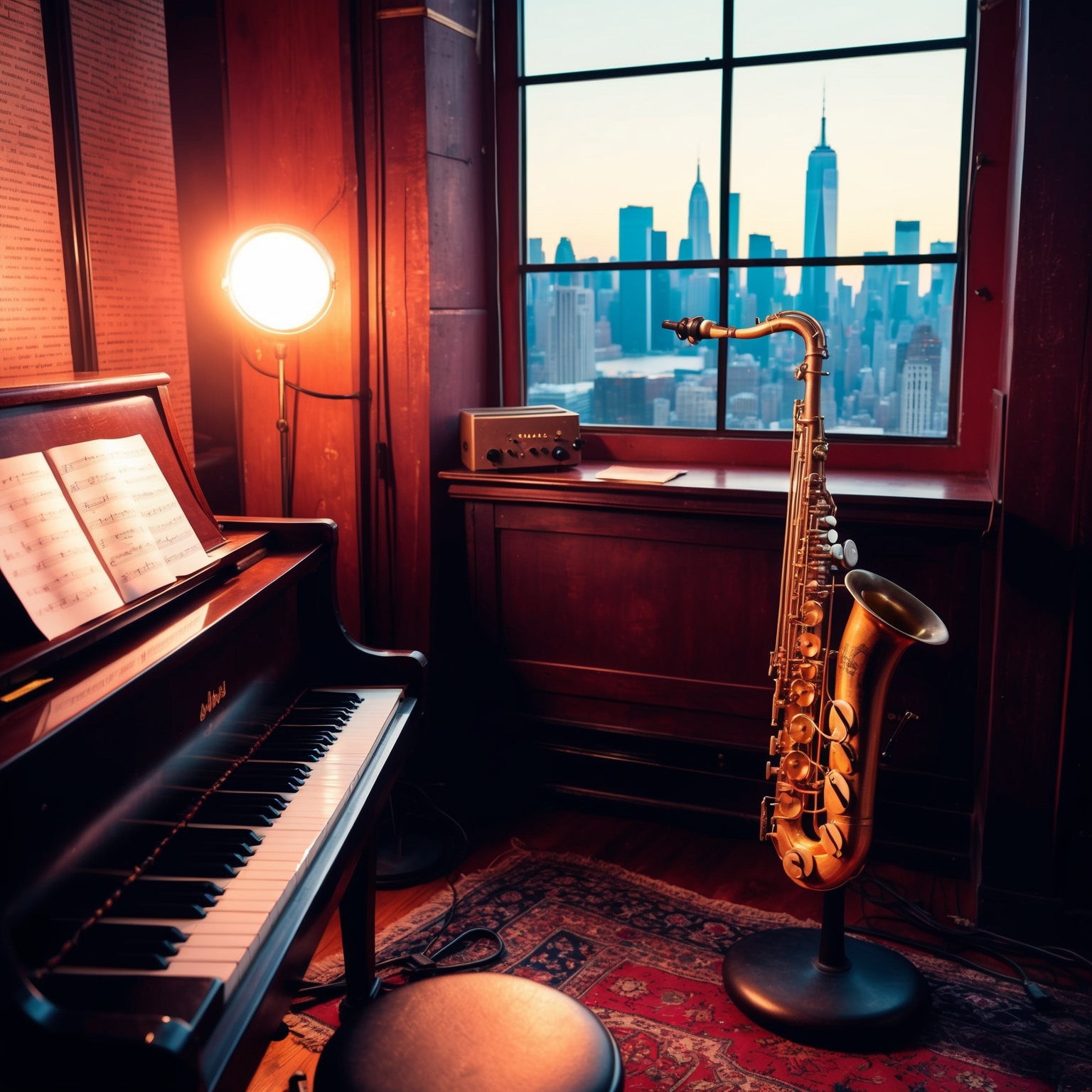 A cozy, vintage recording studio with a piano and saxophone, evoking a 1970s classic jazz atmosphere. Include warm lighting, music sheets, and a view of New York City skyline through a window.