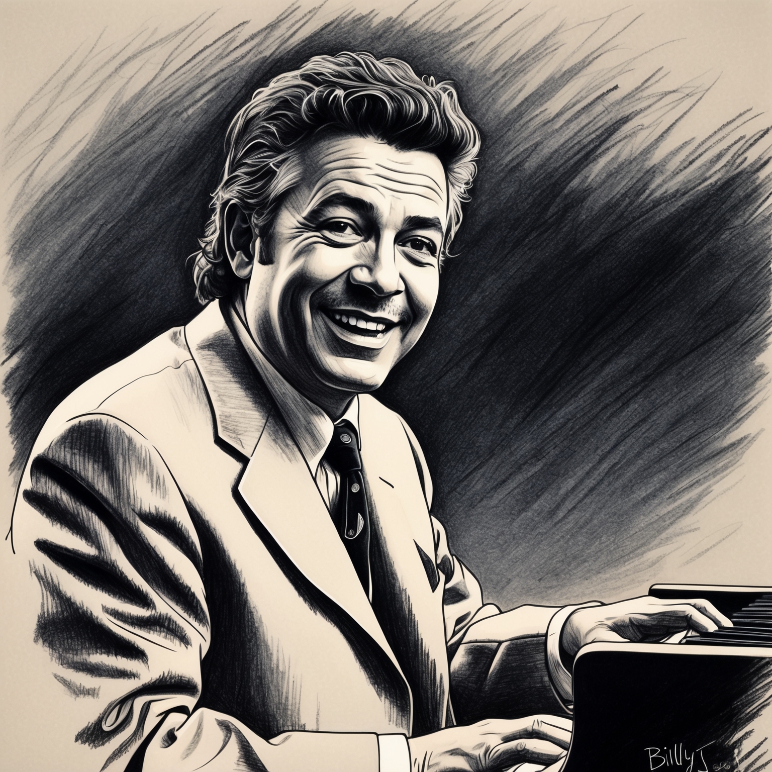 A charcoal, black and white stylistic drawing of Billy Joel, capturing his expressive pose while playing the piano. The drawing should have a half-finished feel, highlighting his charismatic features in a stylized form, set against a misty background reminiscent of his music era.