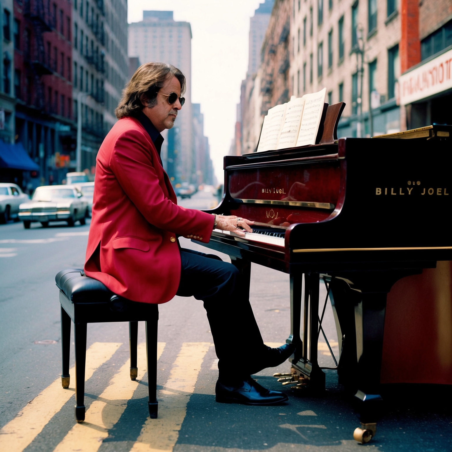 A depiction of Billy Joel playing a piano on a vibrant 1970s New York street, blending rock, jazz, and classical influences into his music, embodying the spirit and controversy of his song 