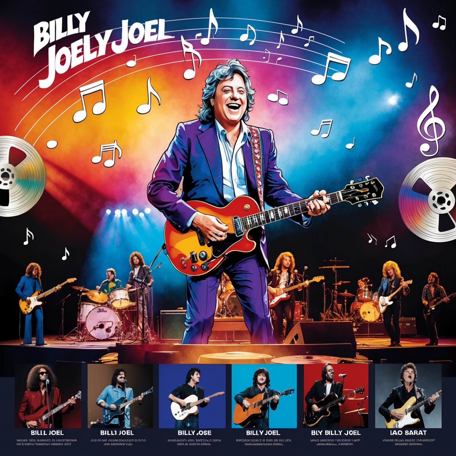 A vibrant, 70s-inspired illustration showcasing Billy Joel at a concert, with musical notes and records floating around him. The scene transitions to highlight modern-day band covers with a variety of musical instruments, symbolizing the timeless influence and diverse reinterpretation of the song. In the background, a film reel and TV screens symbolize its presence in media.