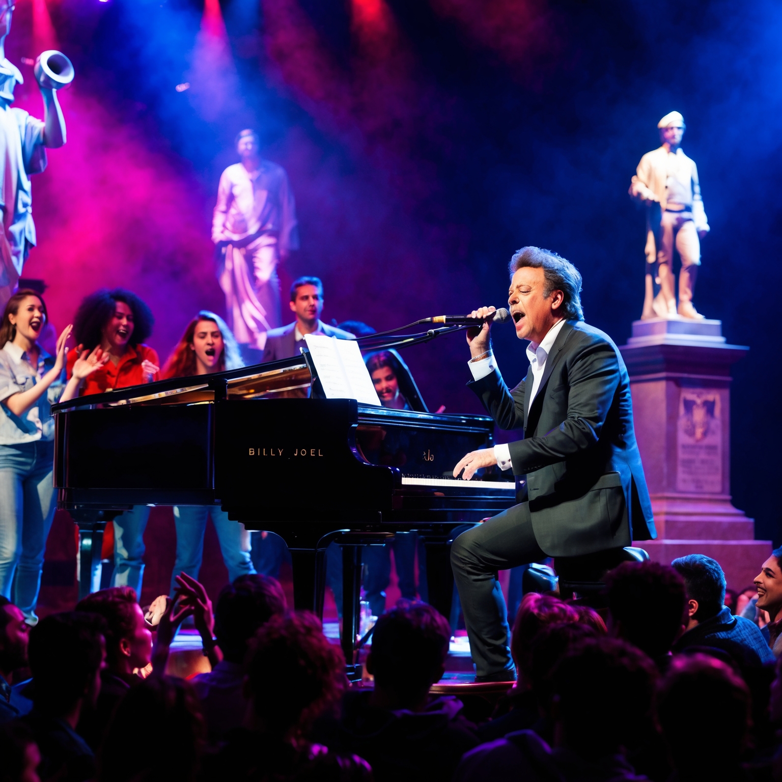 An energetic live stage performance capturing the essence of youthful rebellion. The artist, Billy Joel, is at the piano, engaging with an enthusiastic crowd. There