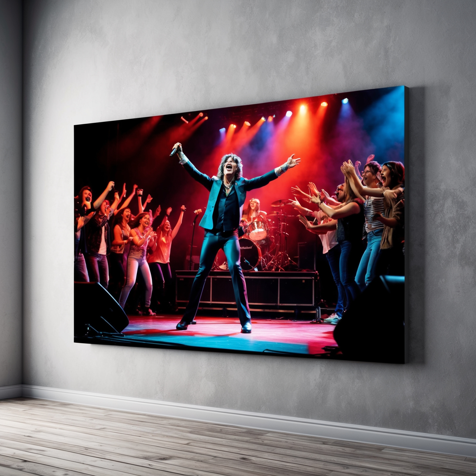 A lively concert setting with a charismatic figure performing on stage, capturing the energy and vibrance of live music as enthusiastic fans cheer. The image should evoke the spirit of a classic rock and roll performance with vintage elements.