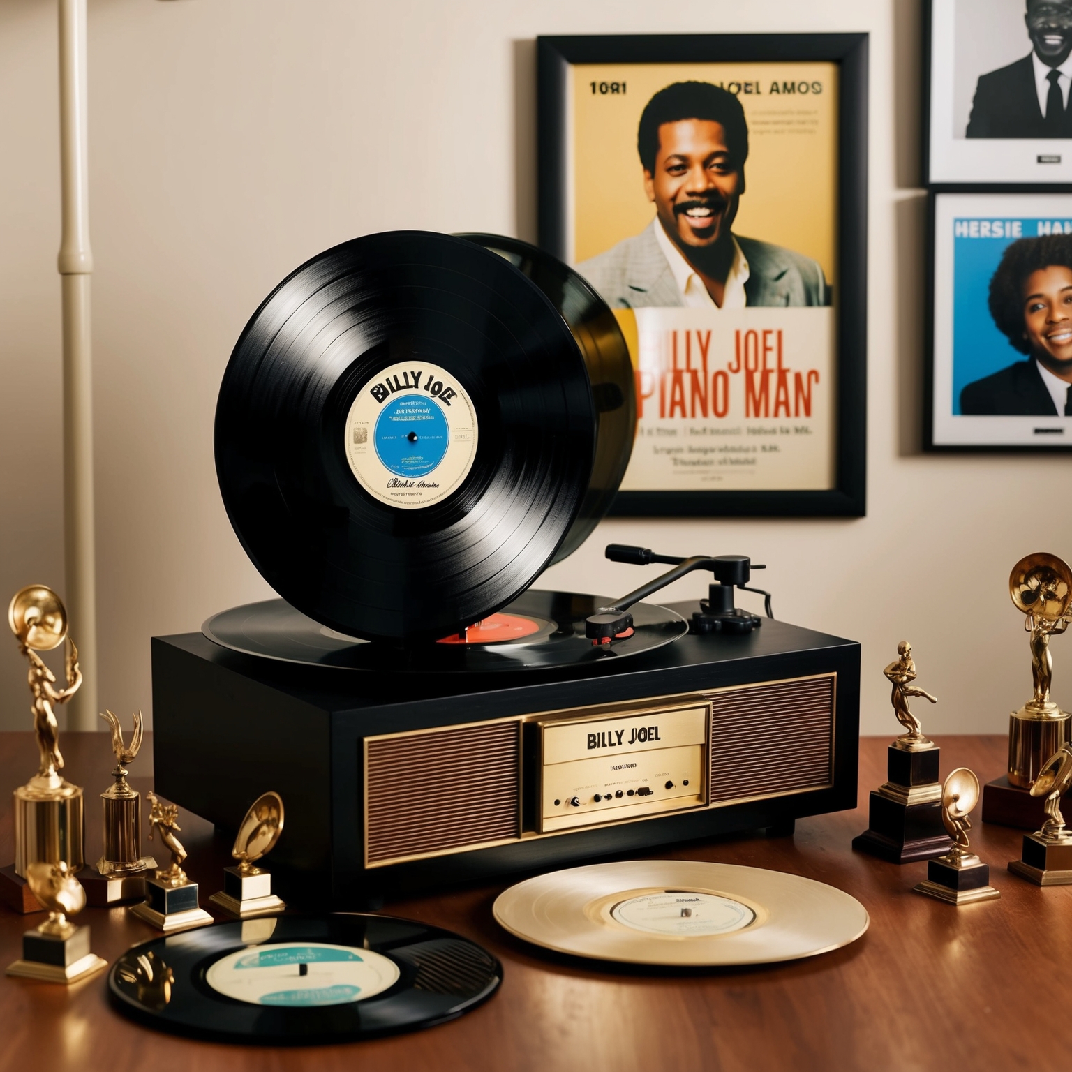 A classic vinyl record player with a vintage LP of Billy Joel