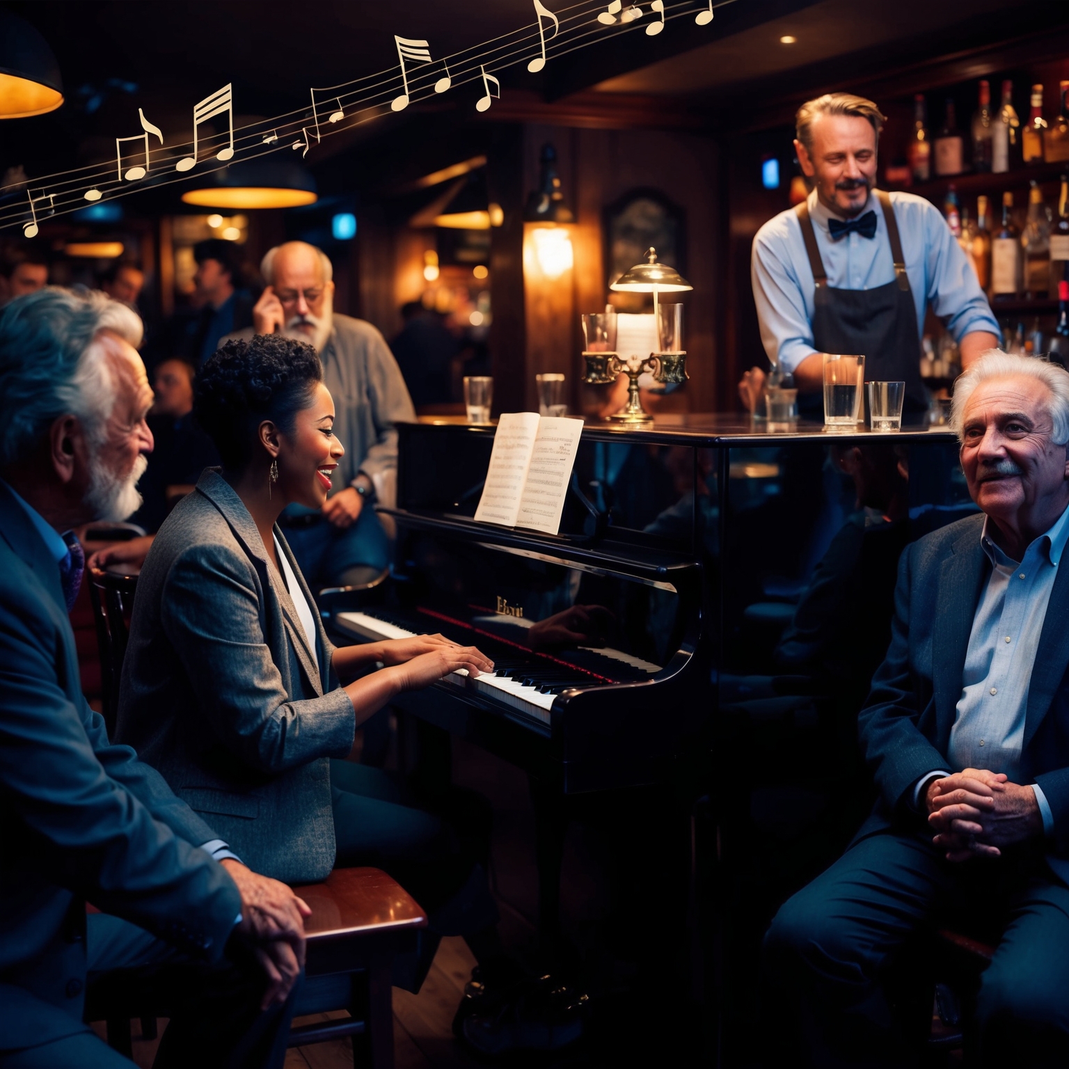 A cozy bar scene with dim lighting, focusing on a piano with a singer playing it, surrounded by various patrons including an old man deep in thought and a charismatic bartender. The mood should capture nostalgia and camaraderie, with musical notes subtly wafting through the air.