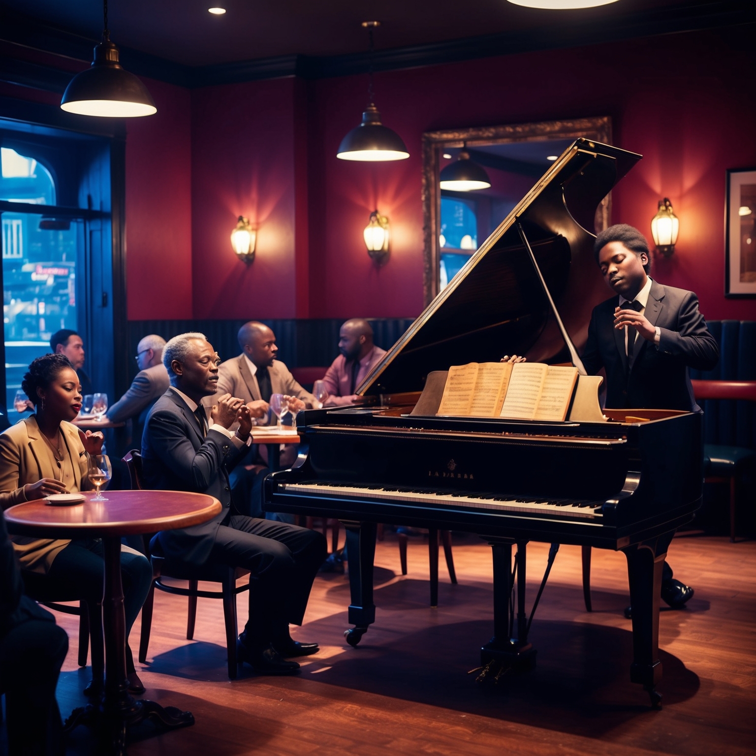 A jazz bar with a vintage piano, dim lighting, patrons at tables engrossed in thought, a pianist with closed eyes playing passionately, evokes a nostalgic and reflective atmosphere.