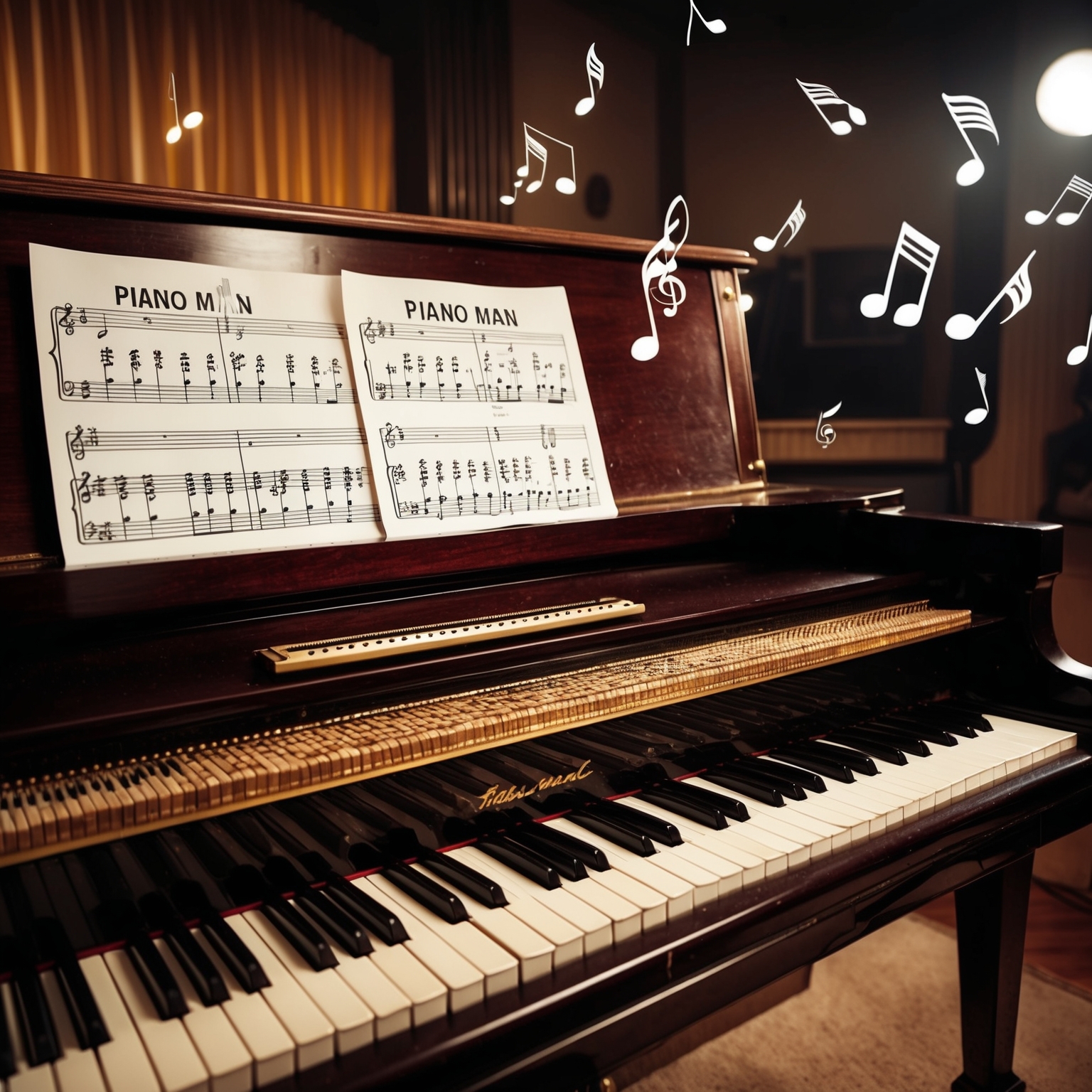 A close-up shot of a vintage piano with sheet music of 