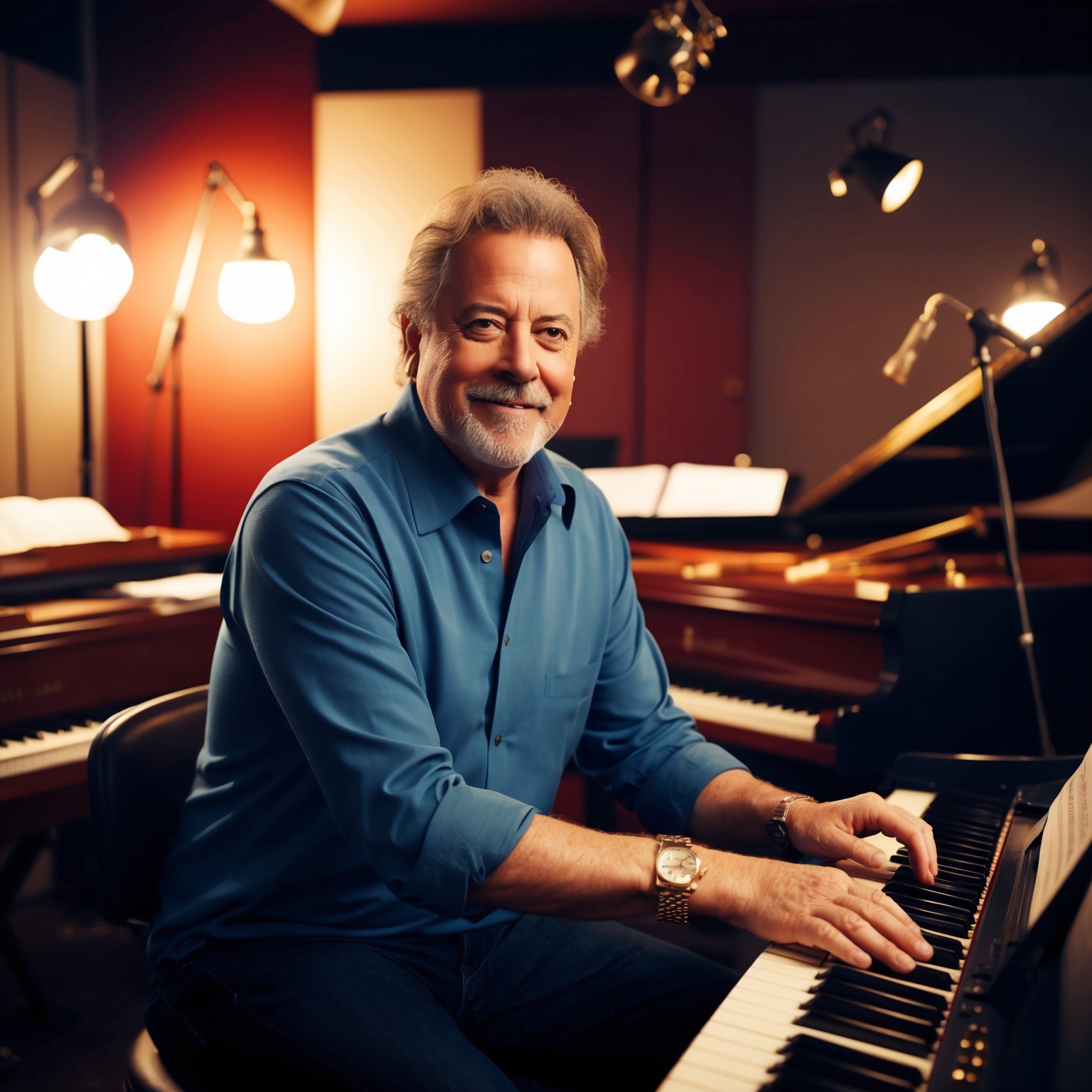 A portrait of Billy Joel in the studio, surrounded by musical instruments and sheet music, capturing his essence as a composer and musician.