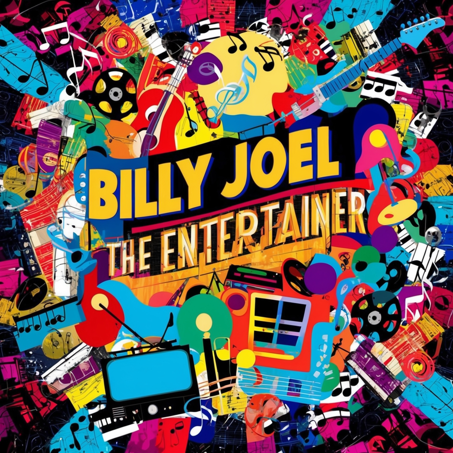 Create an image depicting a vibrant collage of musical notes, instruments, and abstract representations of pop culture icons celebrating Billy Joel