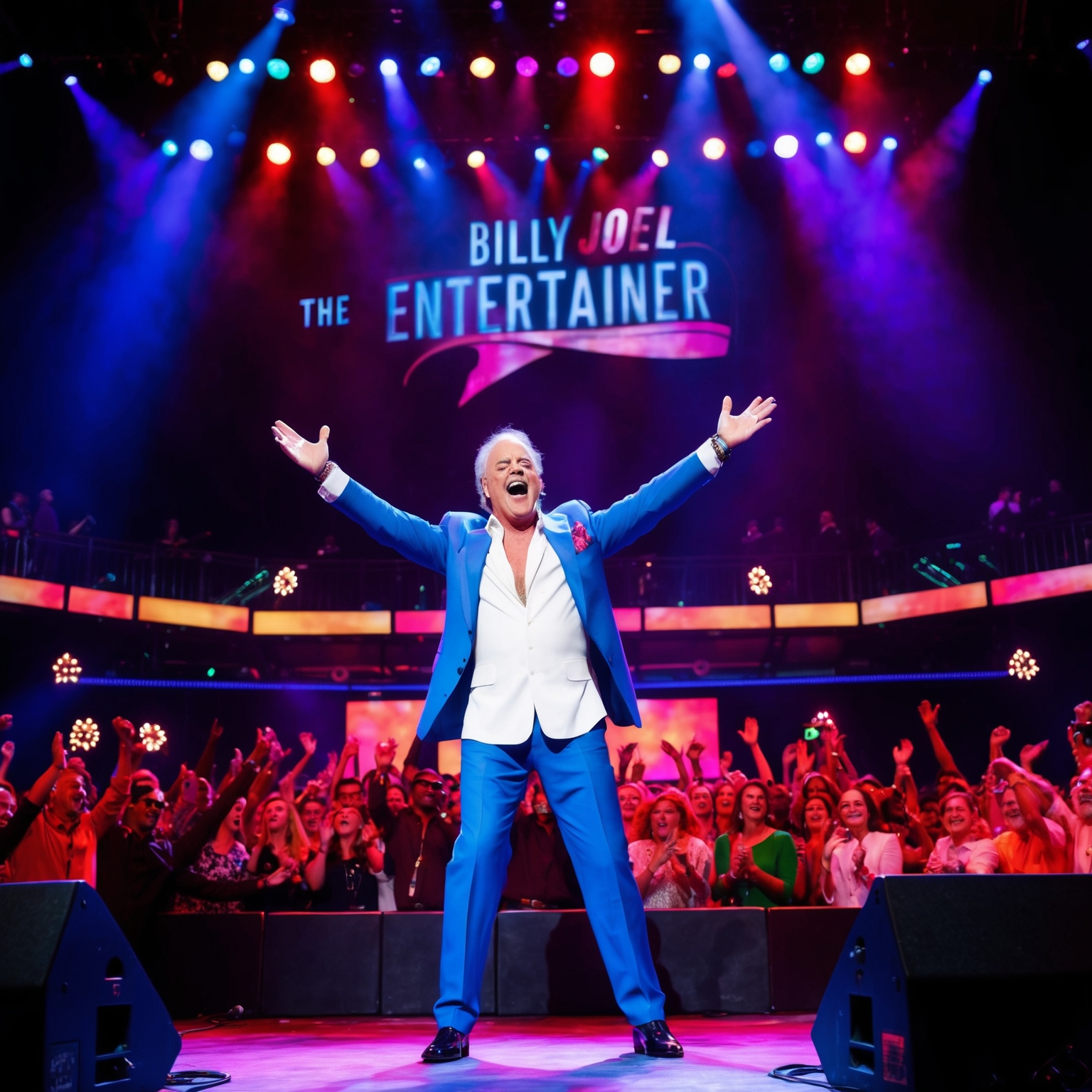 A vibrant stage performance of Billy Joel performing 