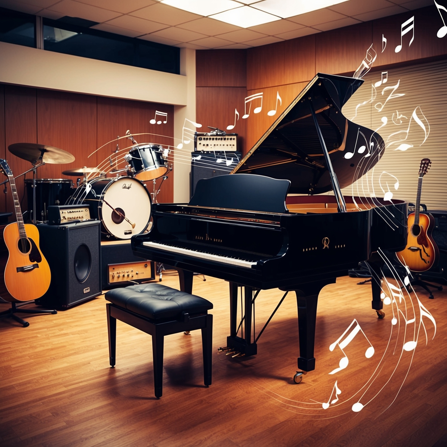 Illustrate a 1970s recording studio with a grand piano prominently featured, surrounded by authentic musical instruments such as guitars and percussion. Capture an energetic, urban vibe with vintage audio equipment subtly visible in the background. Emphasize a sense of dynamic motion, as if music notes are joyfully swirling around the room, evoking the lively essence of Billy Joel