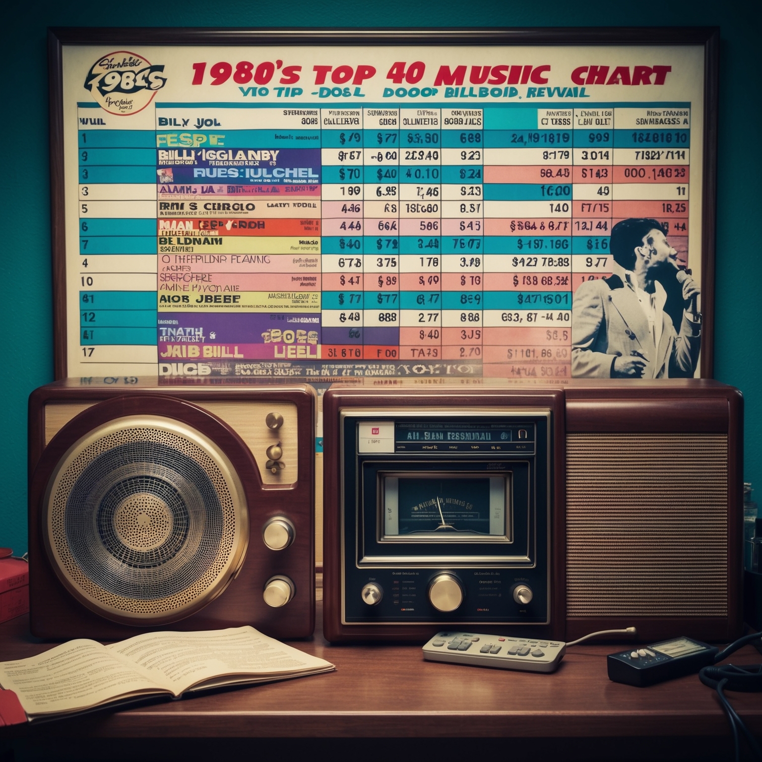 1980s music chart, top 40 billboard list, doo-wop revival, vintage radio playing, Billy Joel