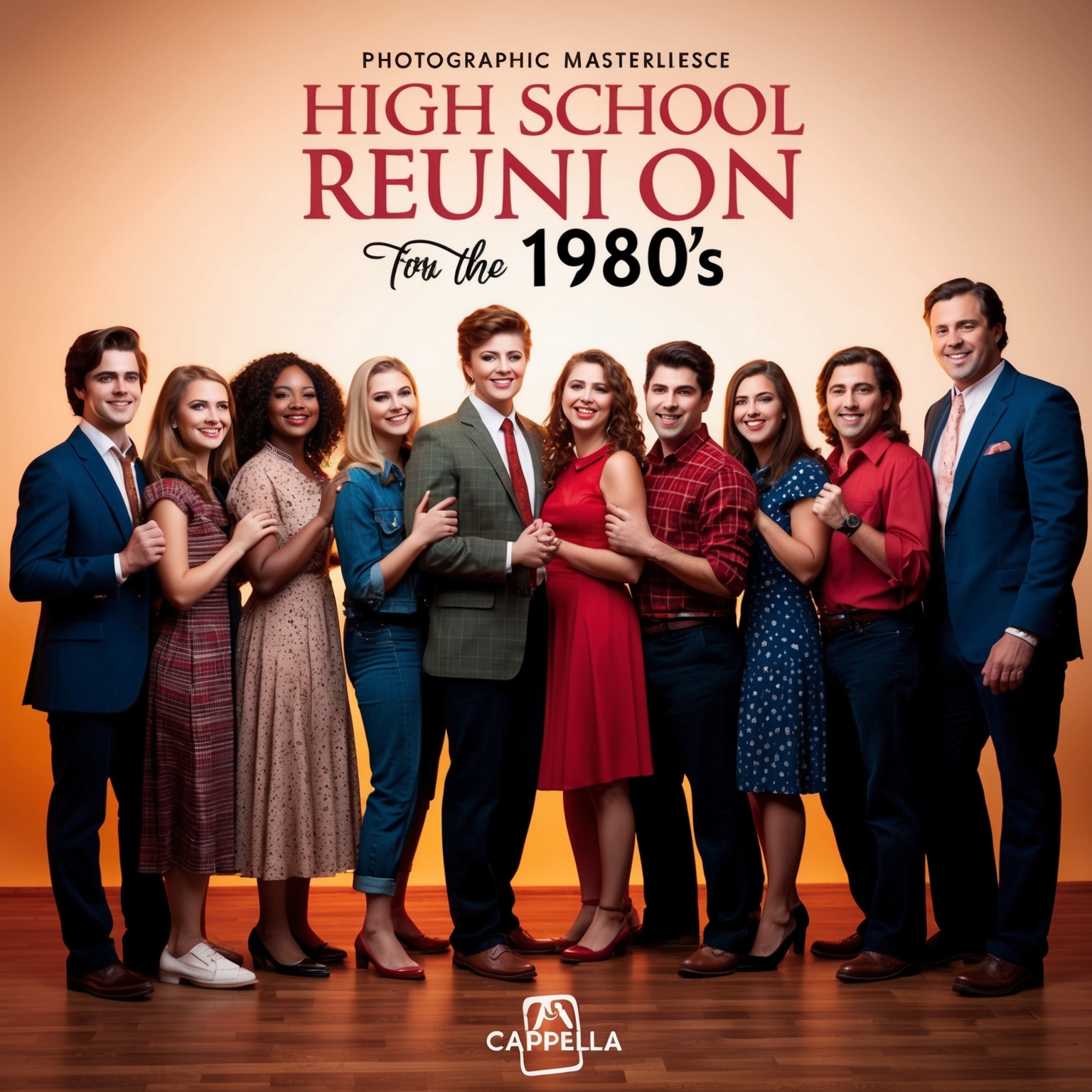 A nostalgic high school reunion scene, with a group of friends in warm, soft lighting reminiscent of the 1980s. The setting should evoke feelings of harmony and camaraderie, complemented by a sense of timelessness, inspired by the a cappella music style.