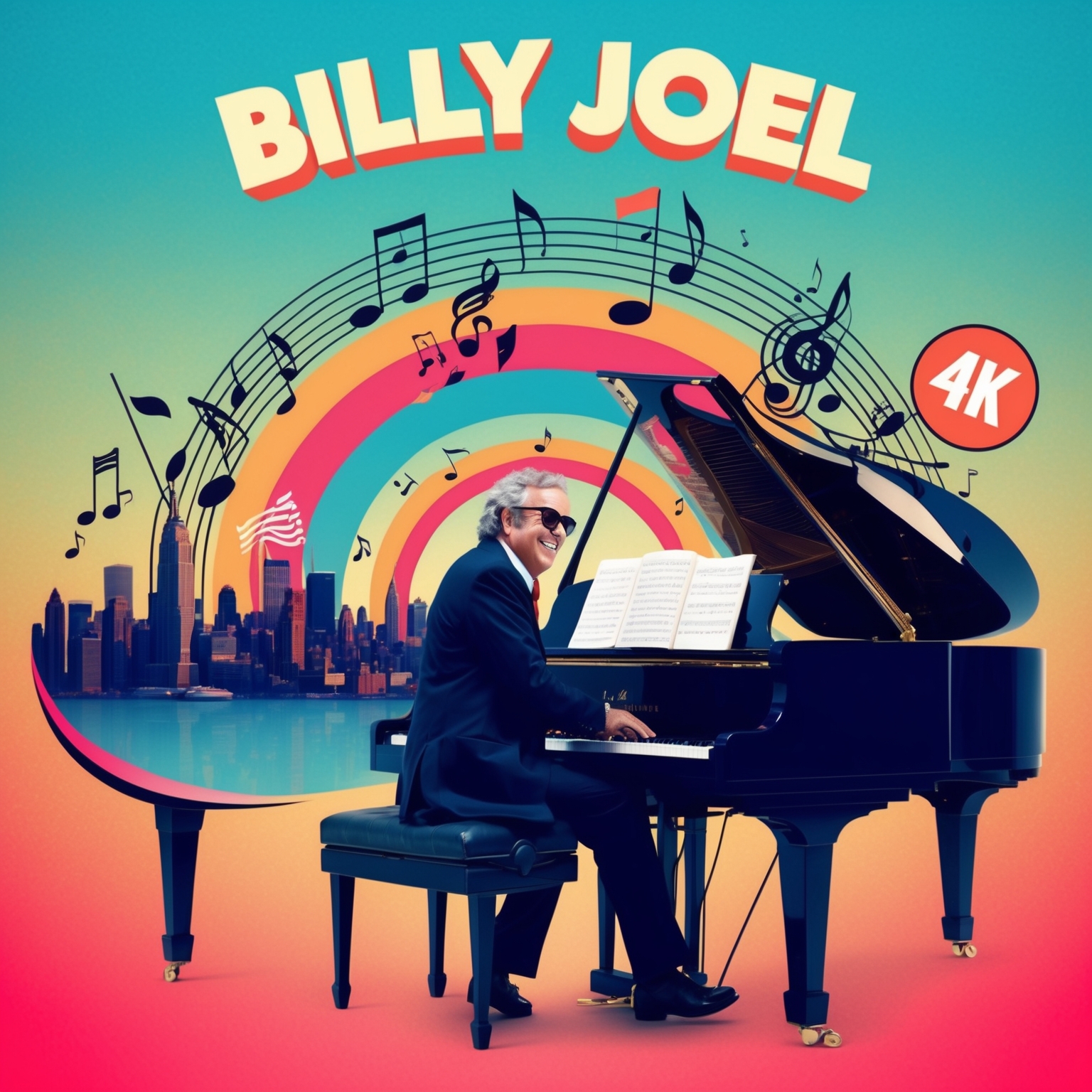 Imagine a vibrant illustration capturing Billy Joel at a piano, surrounded by musical notes and elements symbolizing his diverse influences like jazz, rock, and classical music. The 1970s retro-chic design with a backdrop of New York City skyline would encapsulate Joel