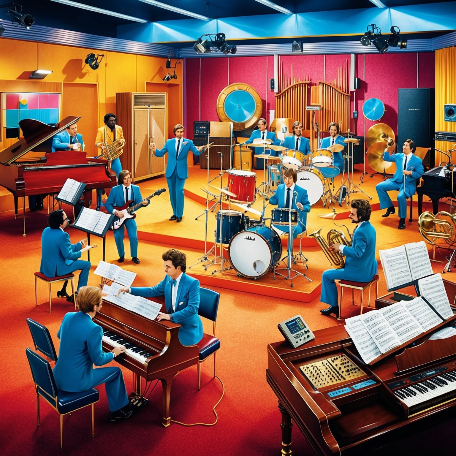 Create an illustrative depiction of a lively music studio from the 1980s, capturing the energetic vibe of recording sessions. The image should feature classic instruments like pianos, guitars, drums, and a brass section. The environment should be bustling with activity, musicians in mid-performance, and a producer overseeing the session. Use vibrant colors to convey the energy and essence of a successful pop music recording. Add subtle elements that signify the time period, such as retro recording equipment and vintage decor.