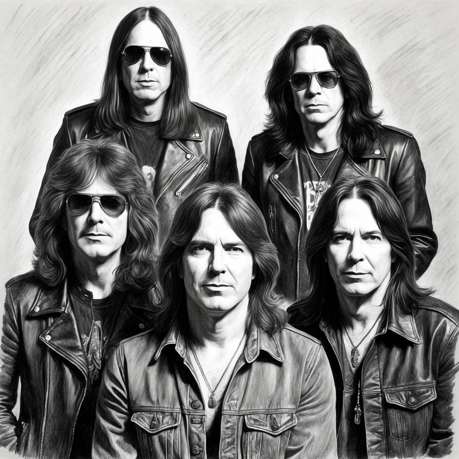 Create a black and white charcoal portrait of the band Black Sabbath, featuring Tony Iommi, Geezer Butler, Bill Ward, and Ozzy Osbourne. The artwork should have a stylistic, half-finished feel, capturing the enigmatic essence of the band during the early 1970s.