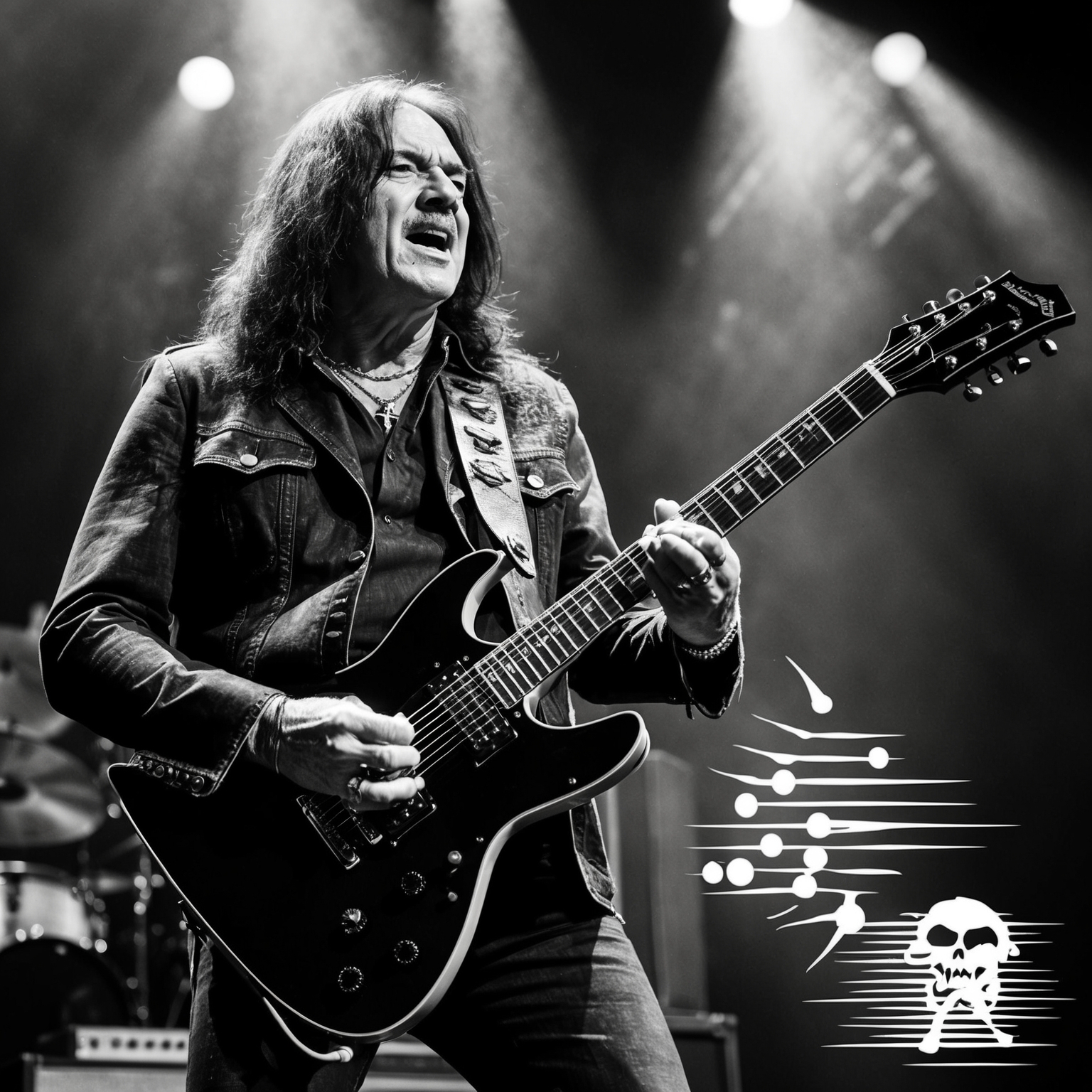 An iconic black-and-white photograph of Tony Iommi playing a guitar on stage during the prime of Black Sabbath