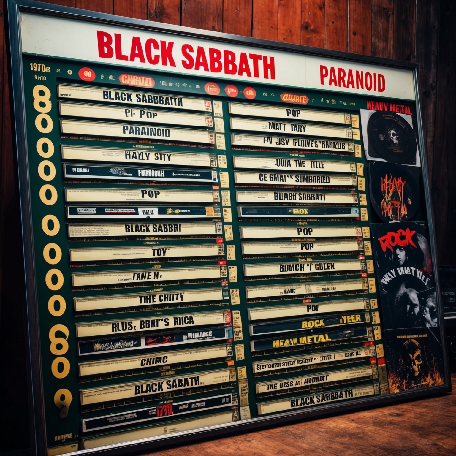 A vintage 1970s vinyl chart board with Black Sabbath