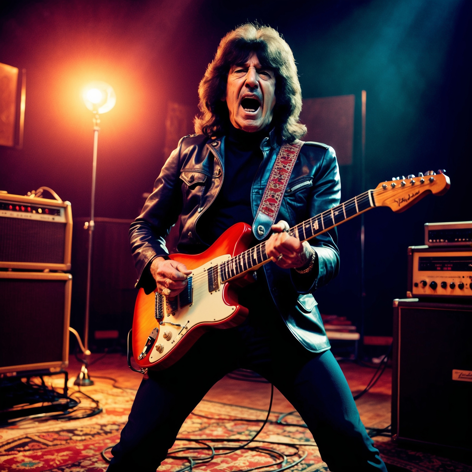 A vibrant scene depicting Tony Iommi playing guitar with a dynamic and intense expression, surrounded by an electric atmosphere of a recording studio in the late 1960s. Include iconic elements like vintage recording equipment and dim lighting to add an authentic and historical touch.